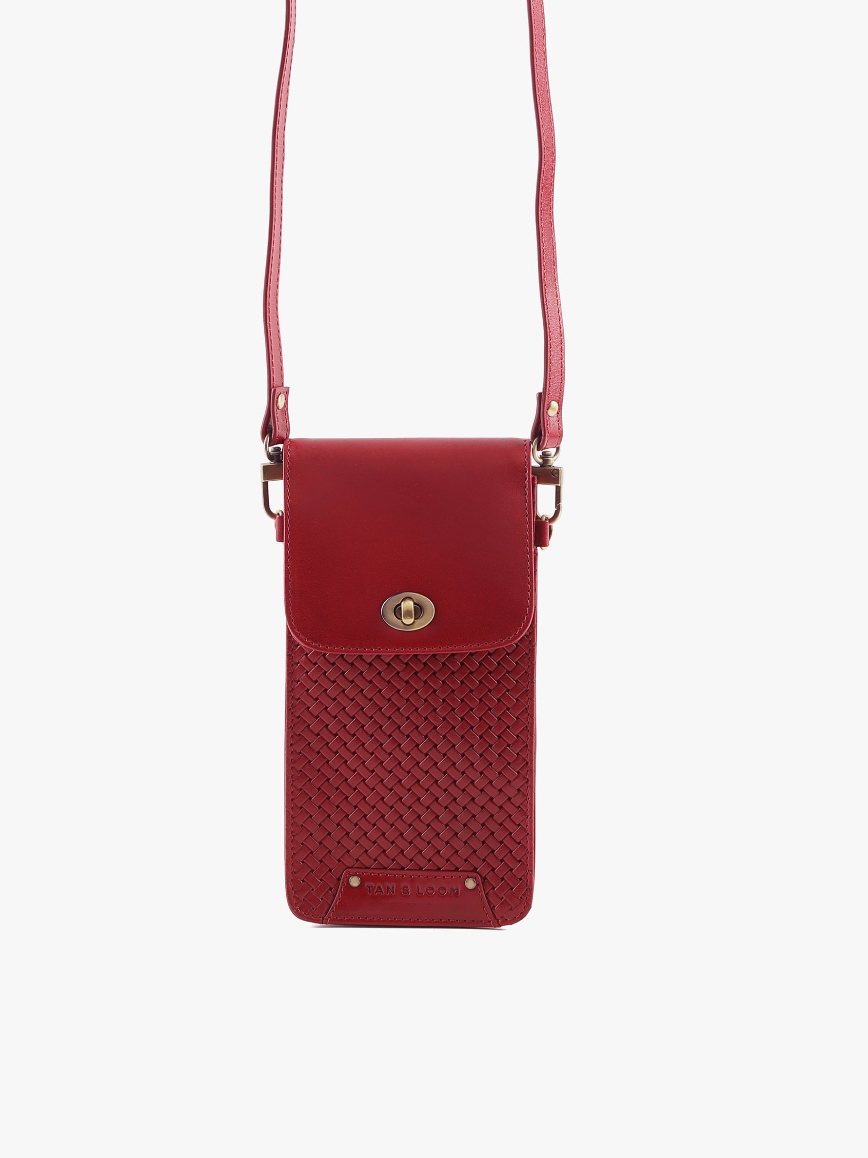 Handcrafted Woven Vegetable Tanned Leather Manhattan Mobile Sling Cherry Red for Women Tan & Loom
