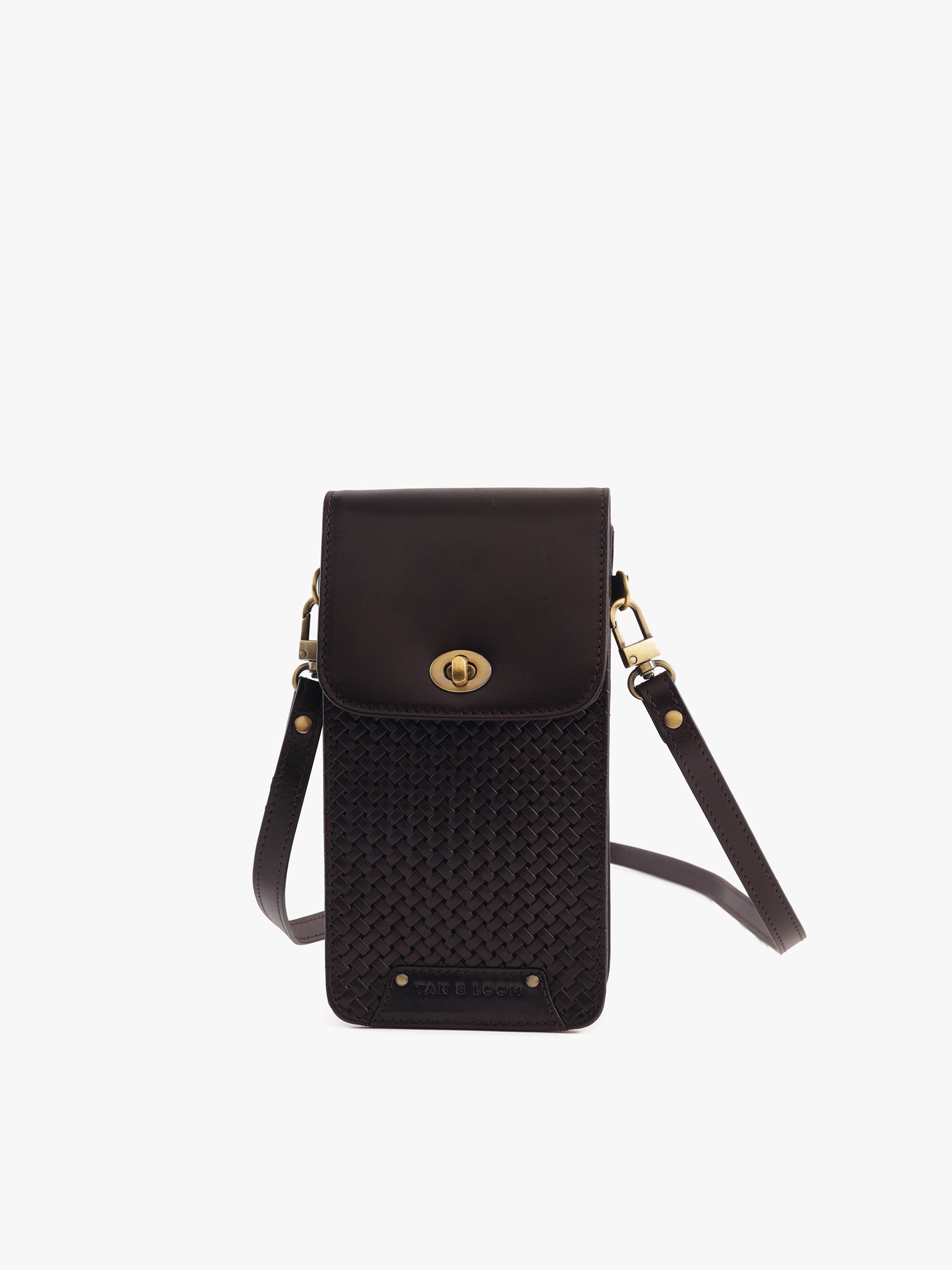 Handcrafted Woven Vegetable Tanned Leather Manhattan Mobile Sling Warm Black for Women Tan & Loom