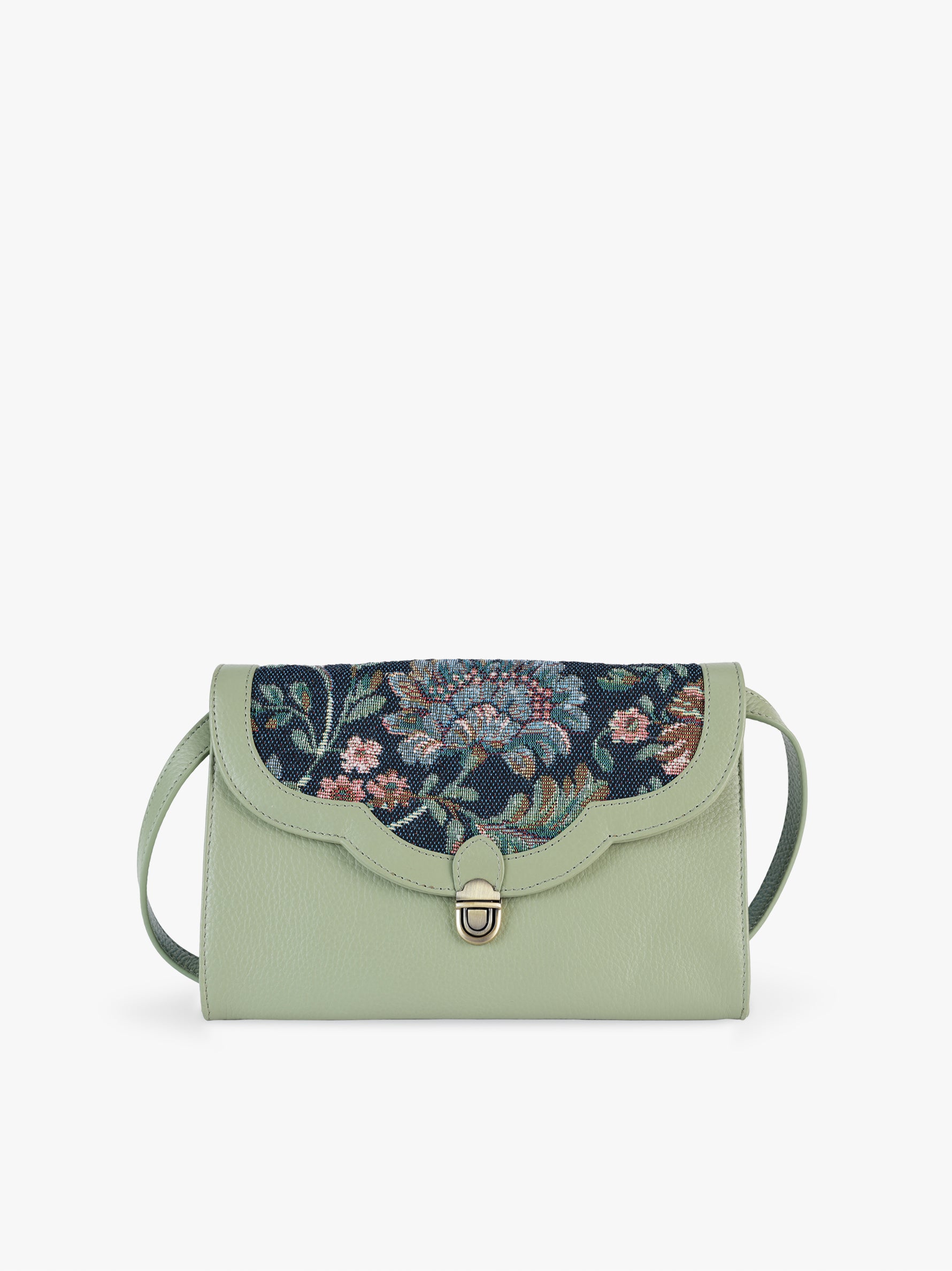 Handcrafted genuine leather and vintage floral sling bag for women in denim blue jacquard with mint green leather trim