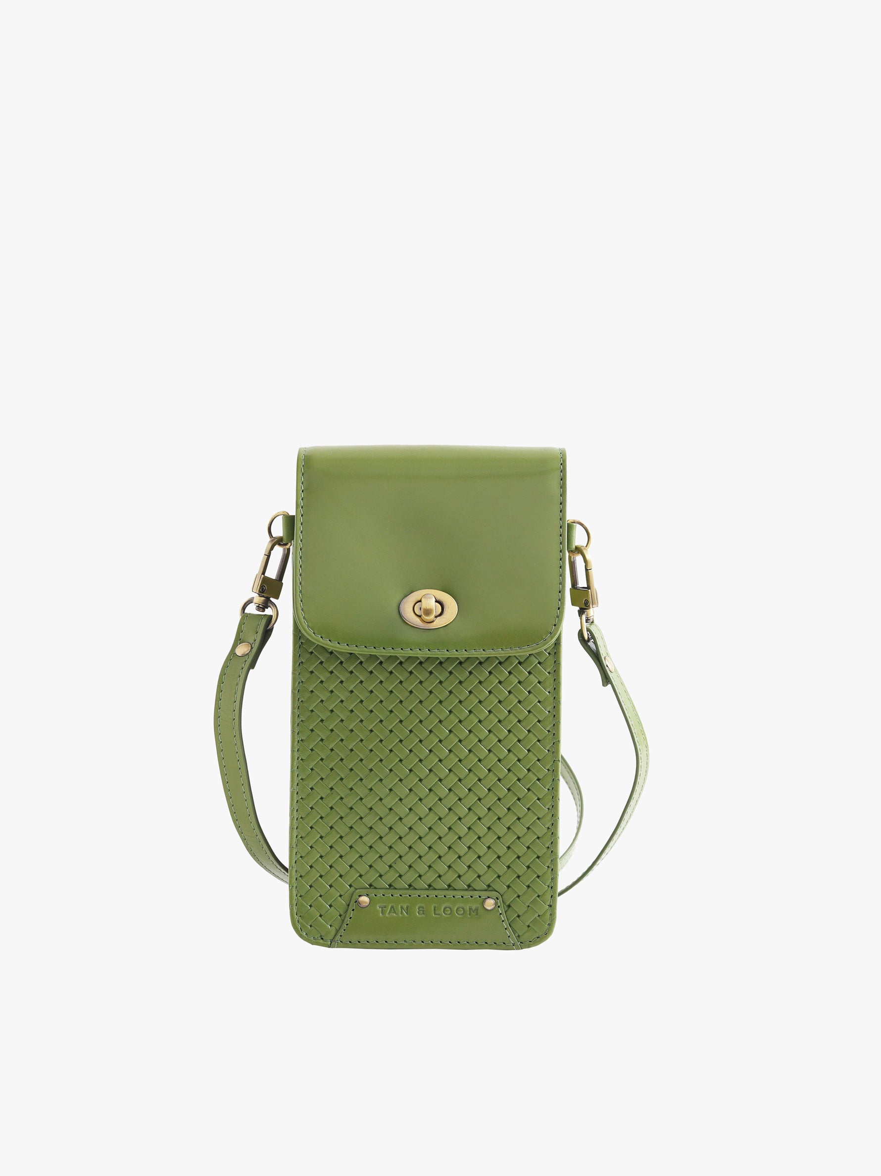 Handcrafted Woven Vegetable Tanned Leather Manhattan Mobile Sling Matcha Green for Women Tan & Loom