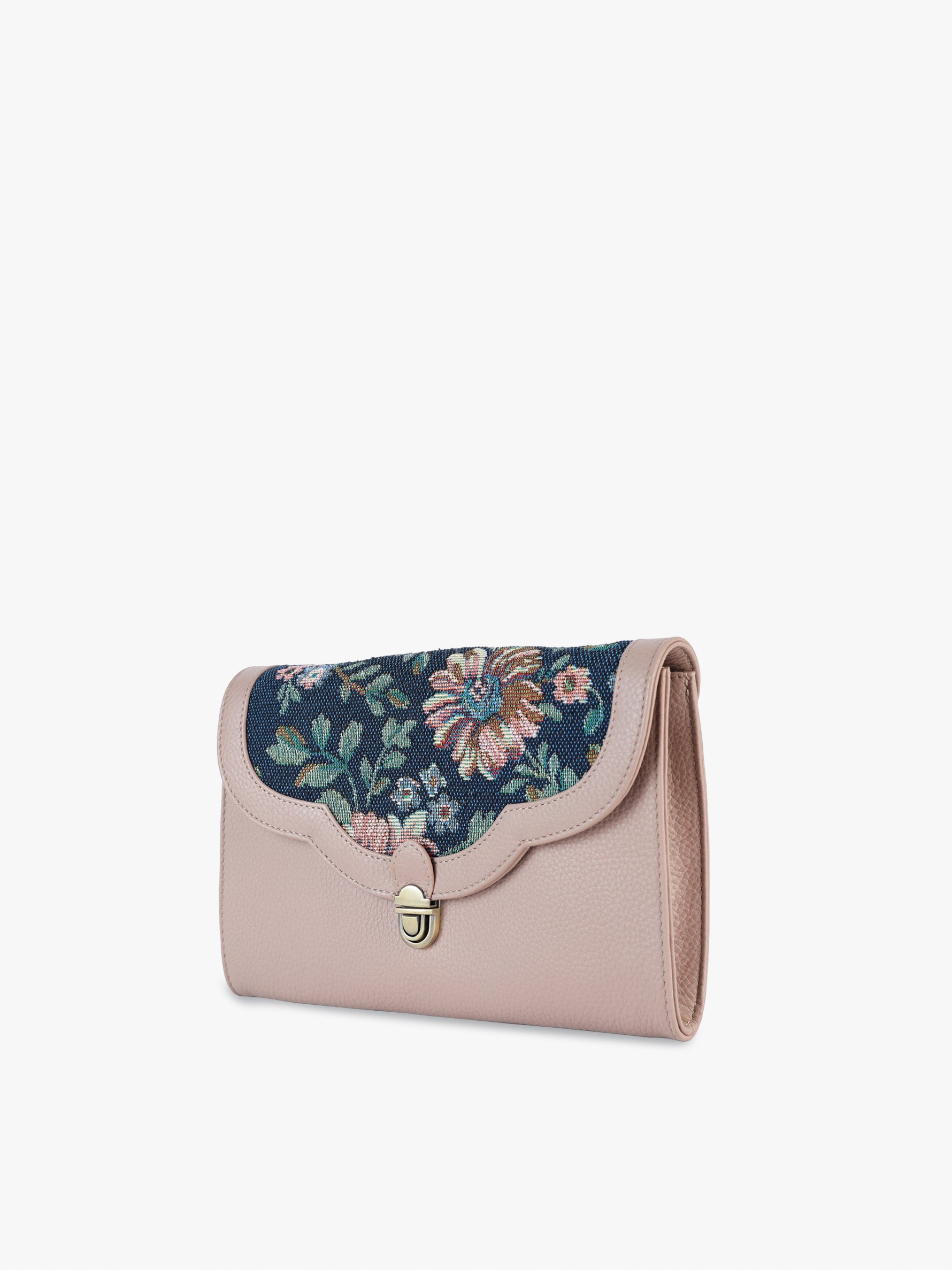 Handcrafted genuine leather and vintage floral sling bag for women in denim blue jacquard and pink leather trim