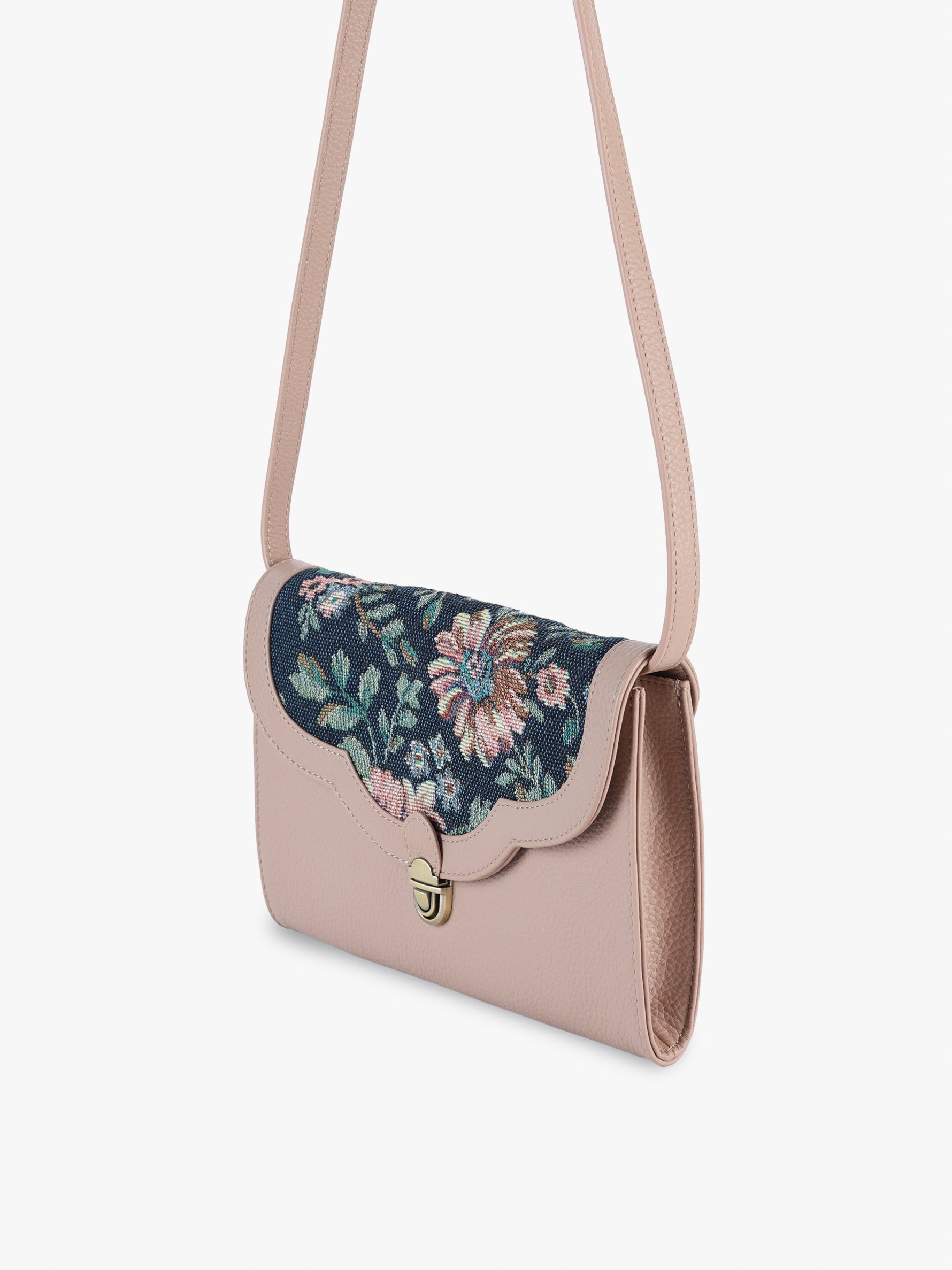 Handcrafted genuine leather and vintage floral sling bag for women in denim blue jacquard and pink leather trim