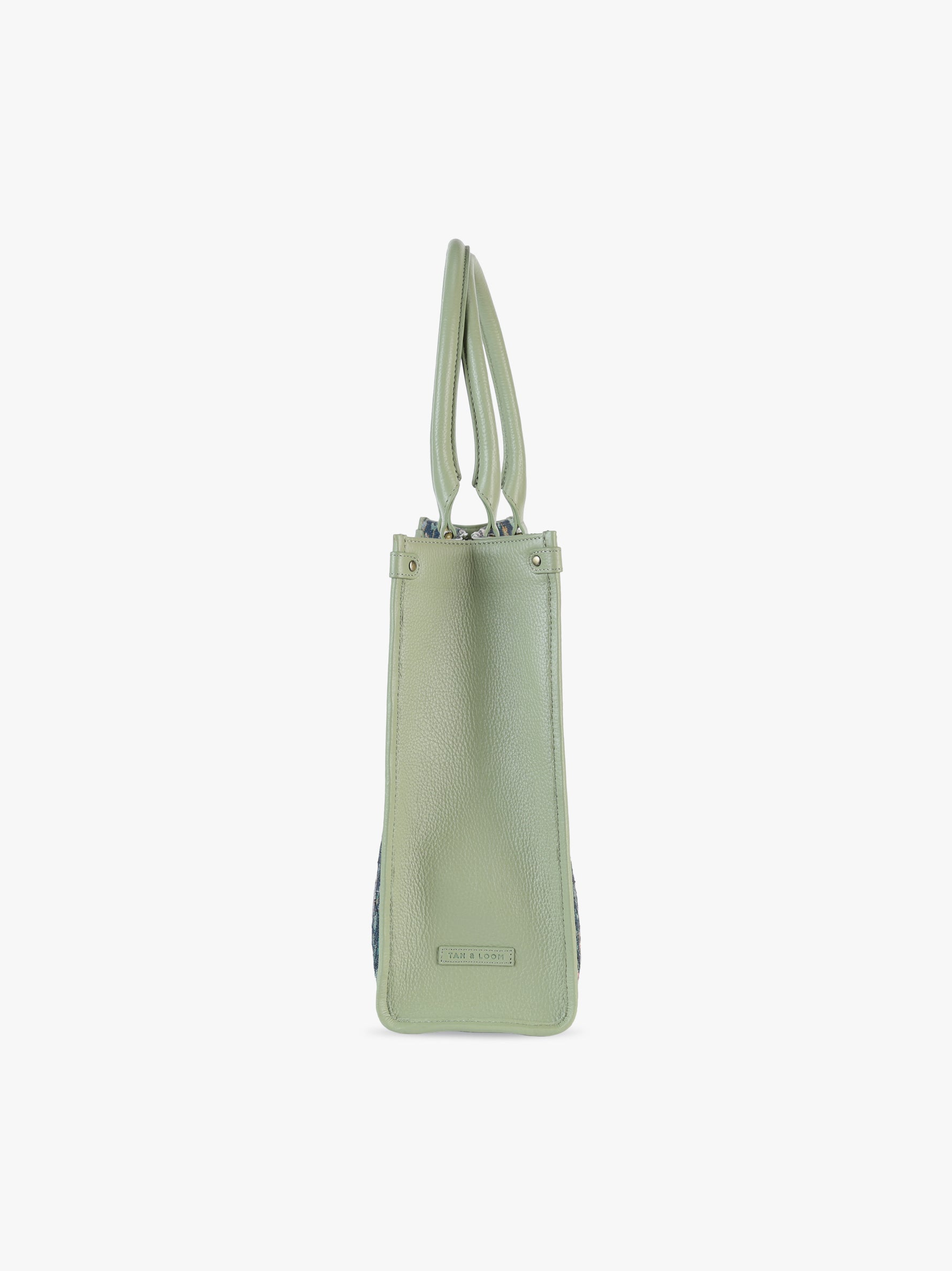 Handcrafted genuine leather and vintage floral tote for women in denim blue jacquard with mint green leather trim