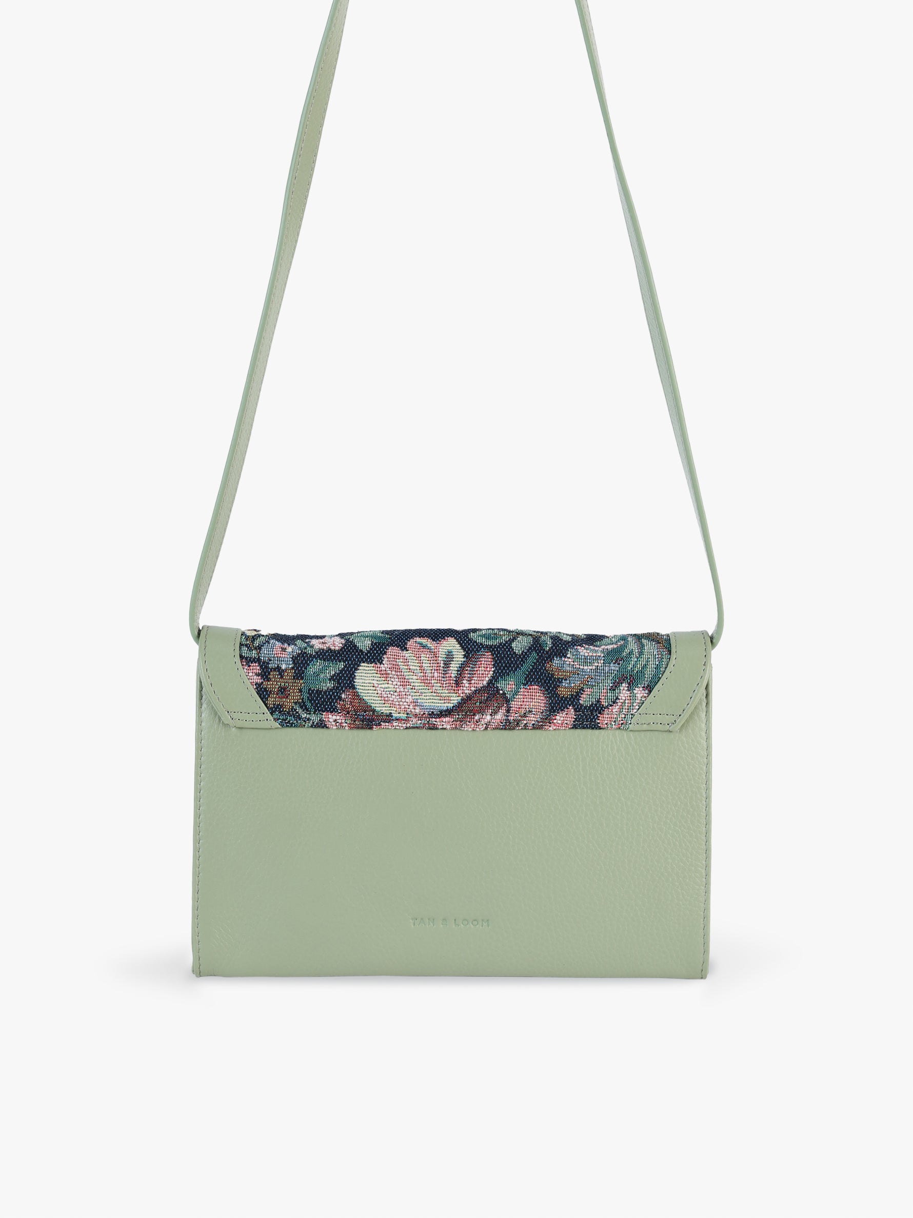Handcrafted genuine leather and vintage floral sling bag for women in denim blue jacquard with mint green leather trim