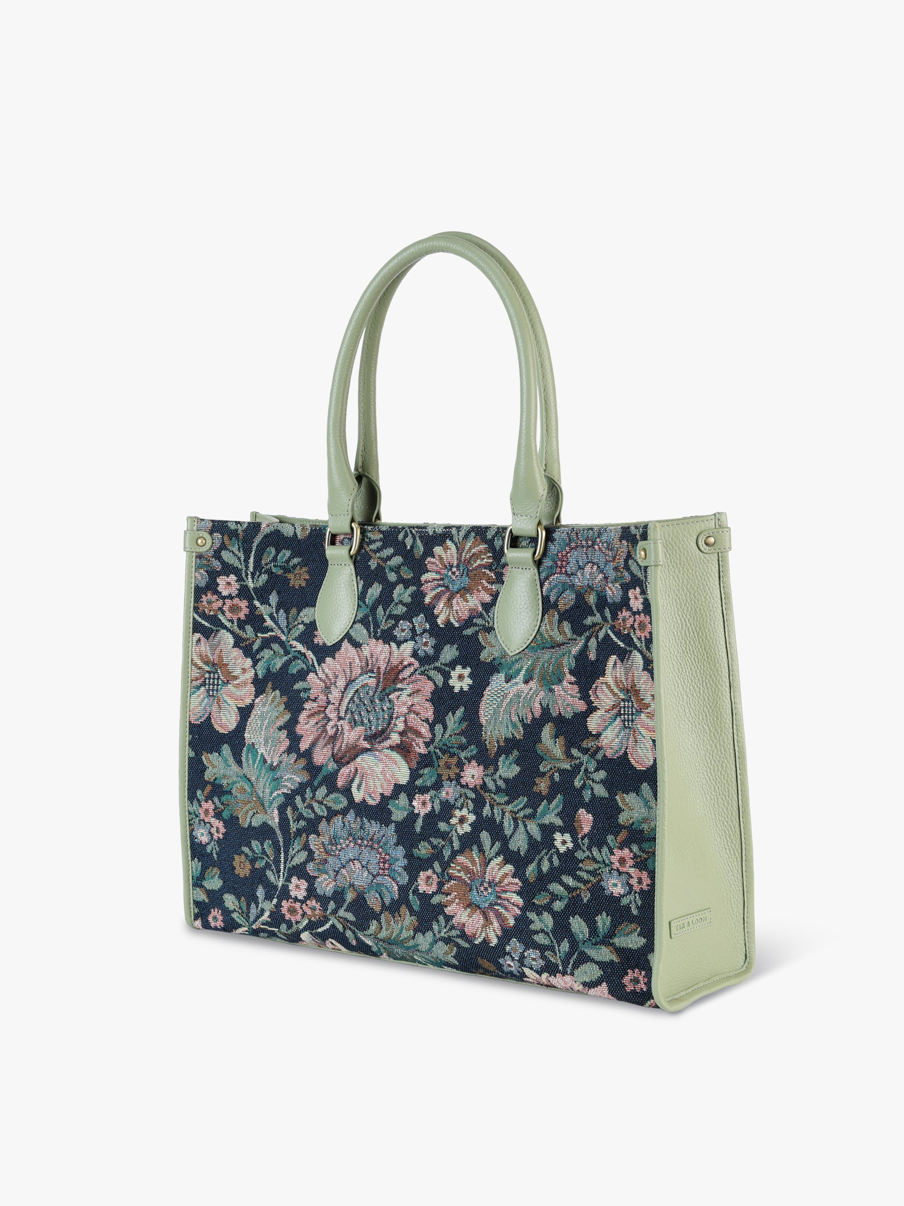 Handcrafted genuine leather and vintage floral tote for women in denim blue jacquard with mint green leather trim