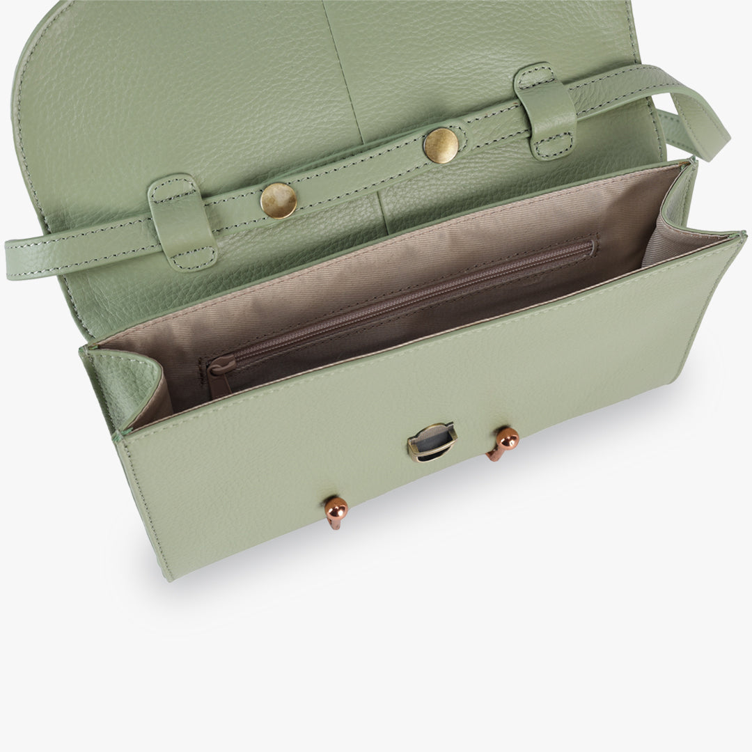 Handcrafted genuine leather and vintage floral sling bag for women in denim blue jacquard with mint green leather trim