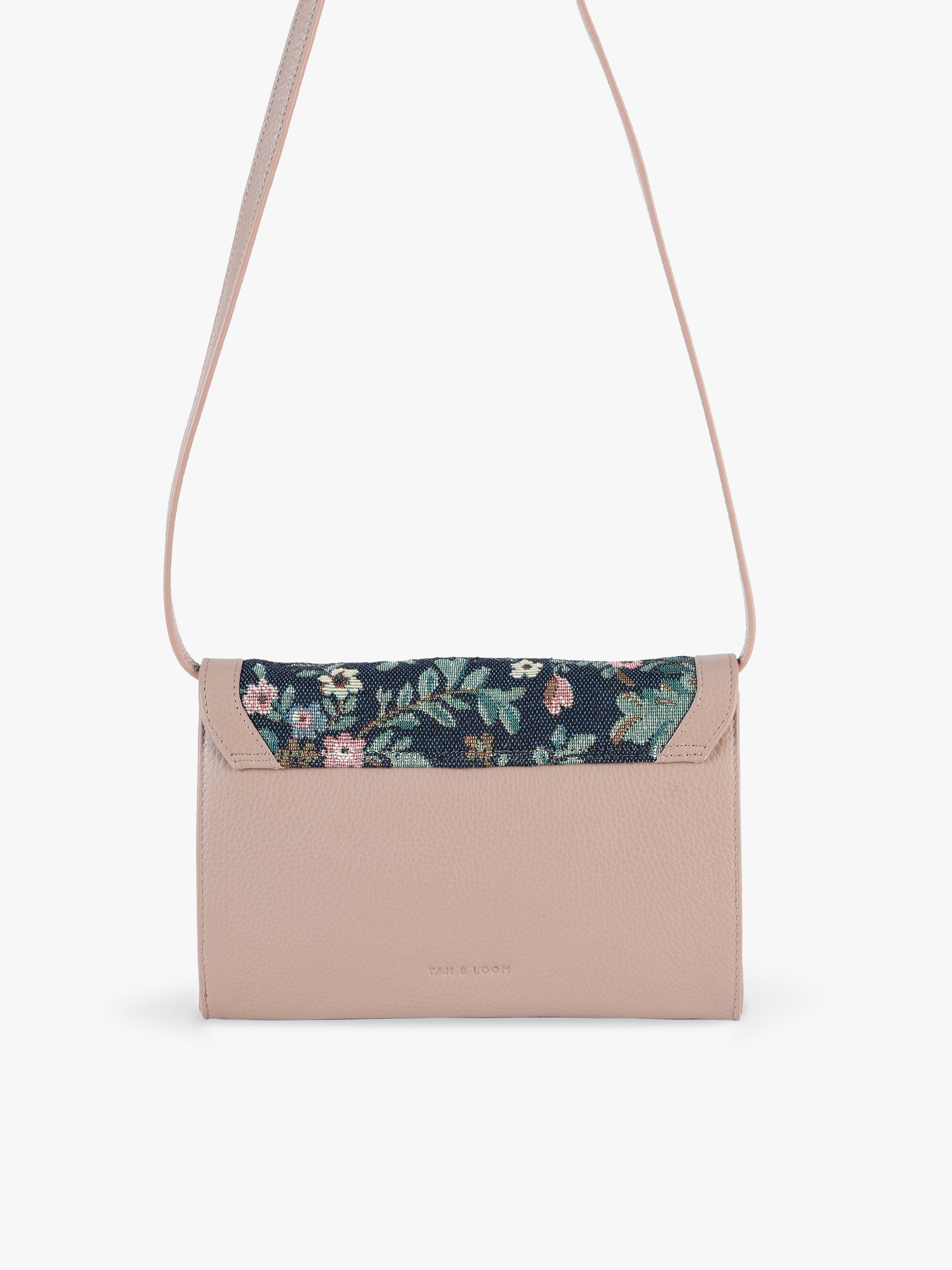 Handcrafted genuine leather and vintage floral sling bag for women in denim blue jacquard and pink leather trim