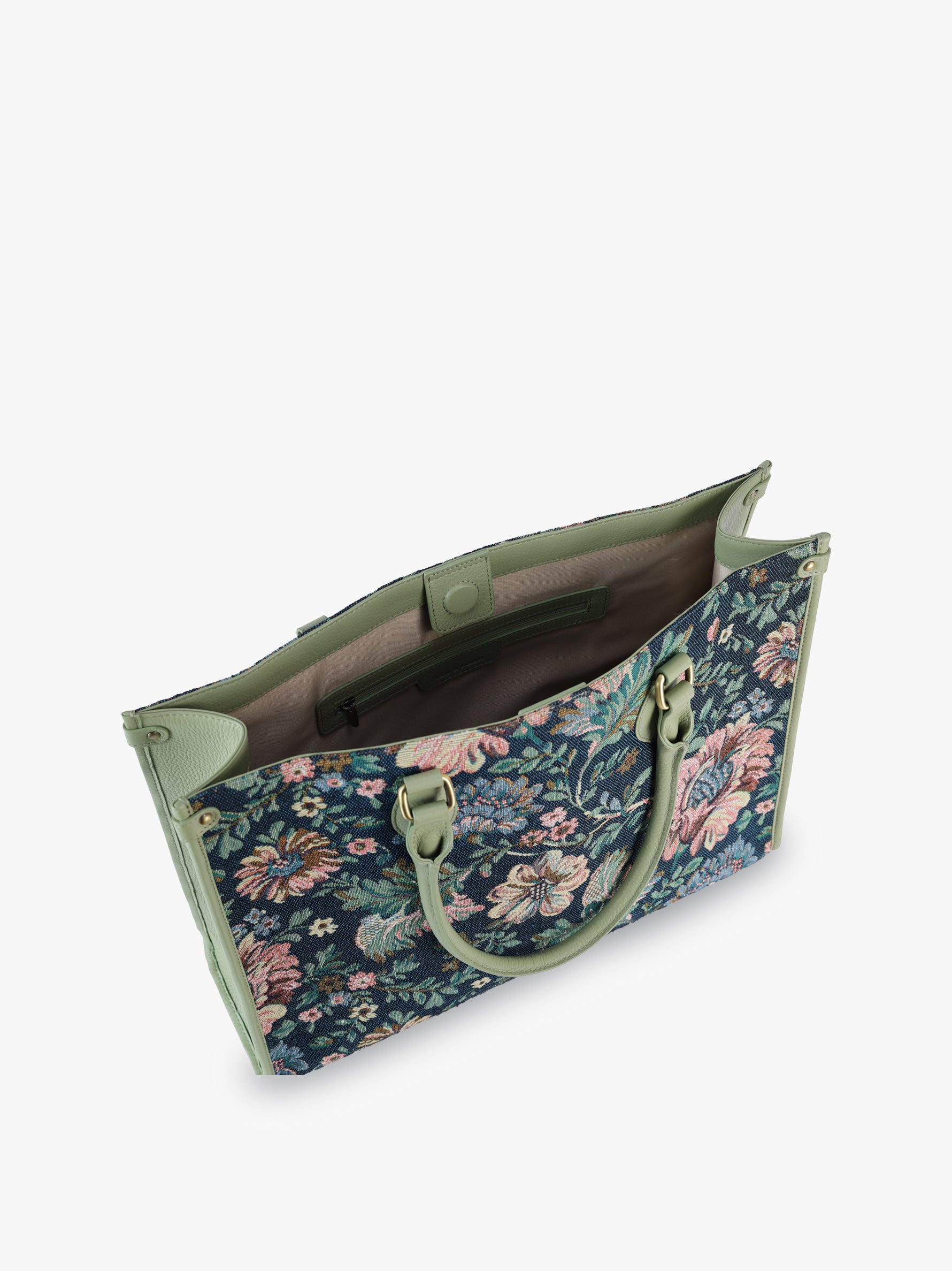 Handcrafted genuine leather and vintage floral tote for women in denim blue jacquard with mint green leather trim