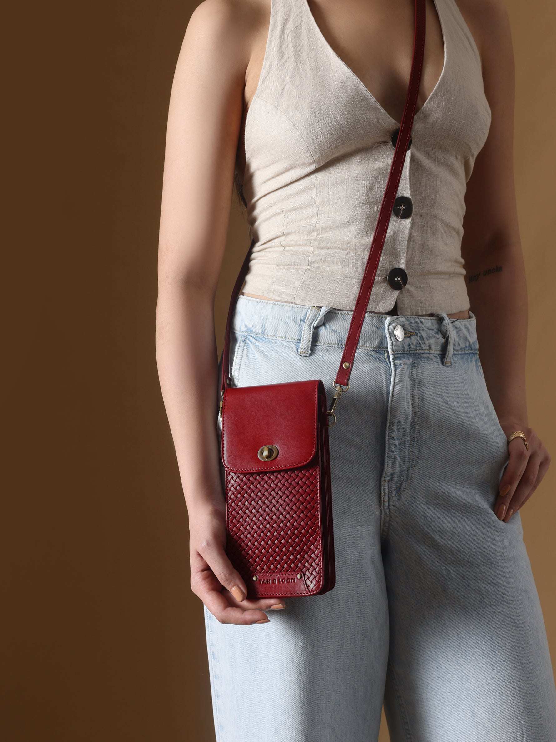 Handcrafted Woven Vegetable Tanned Leather Manhattan Mobile Sling Cherry Red for Women Tan & Loom