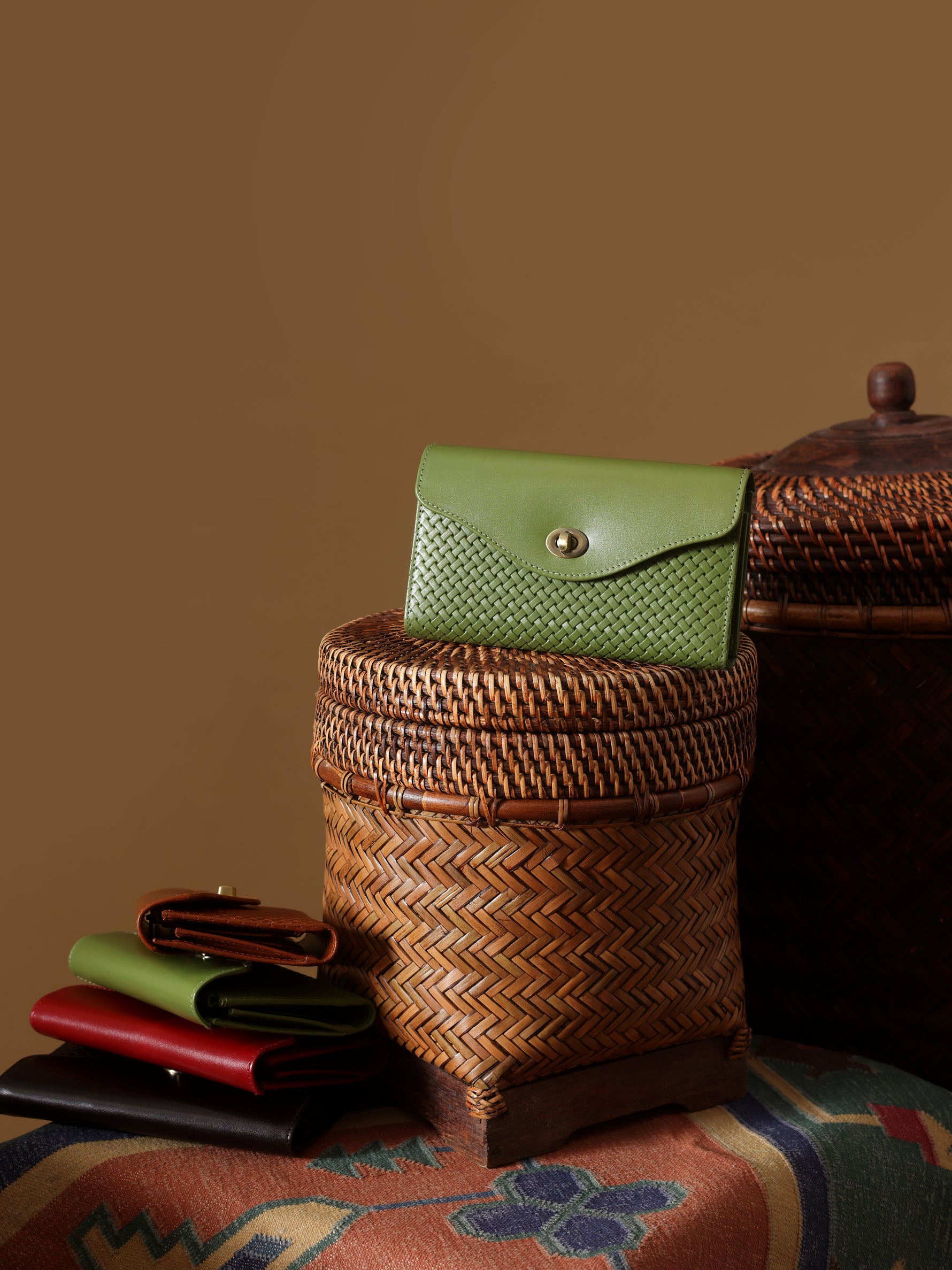 Handcrafted Woven Vegetable Tanned Leather Colaba Clutch Wallet Matcha Green for Women Tan & Loom