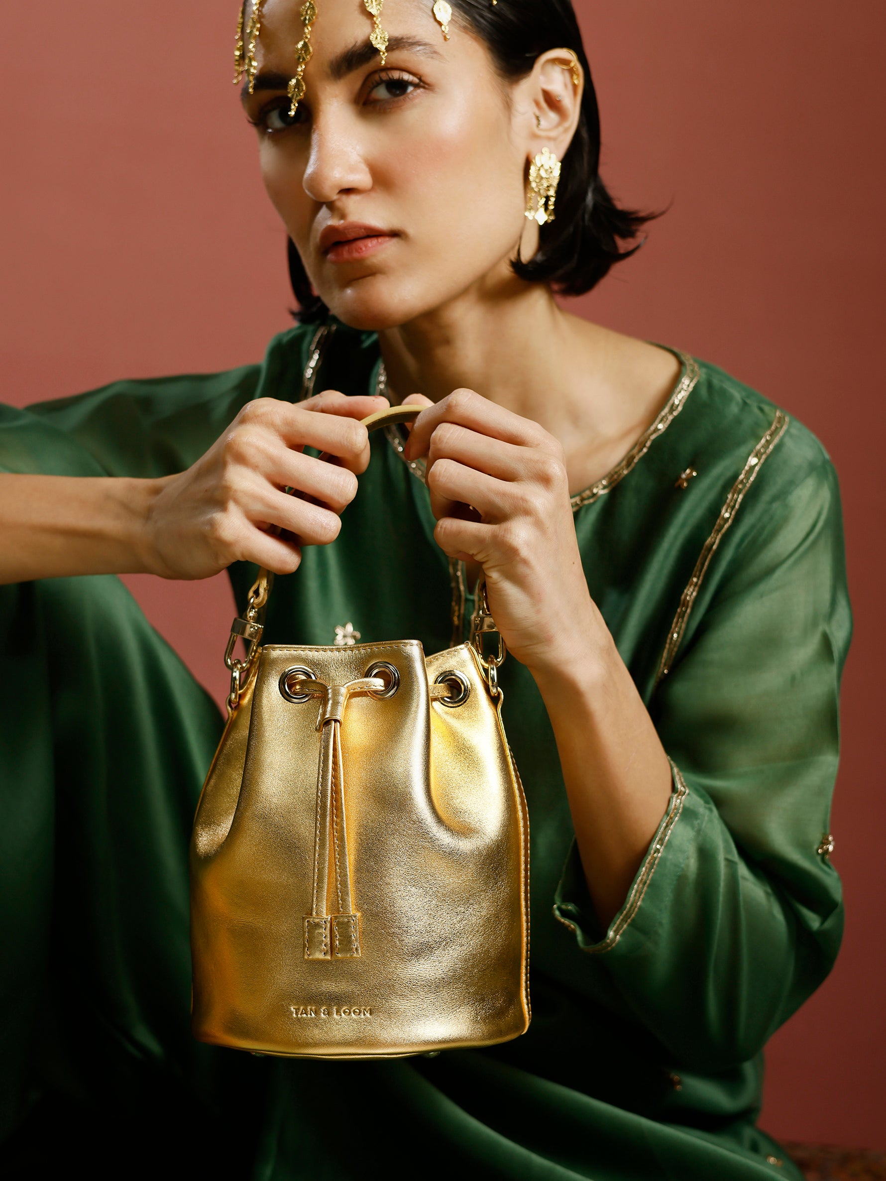 Handcrafted Gold Genuine Leather Bucket Potli Bag for Women Tan & Loom