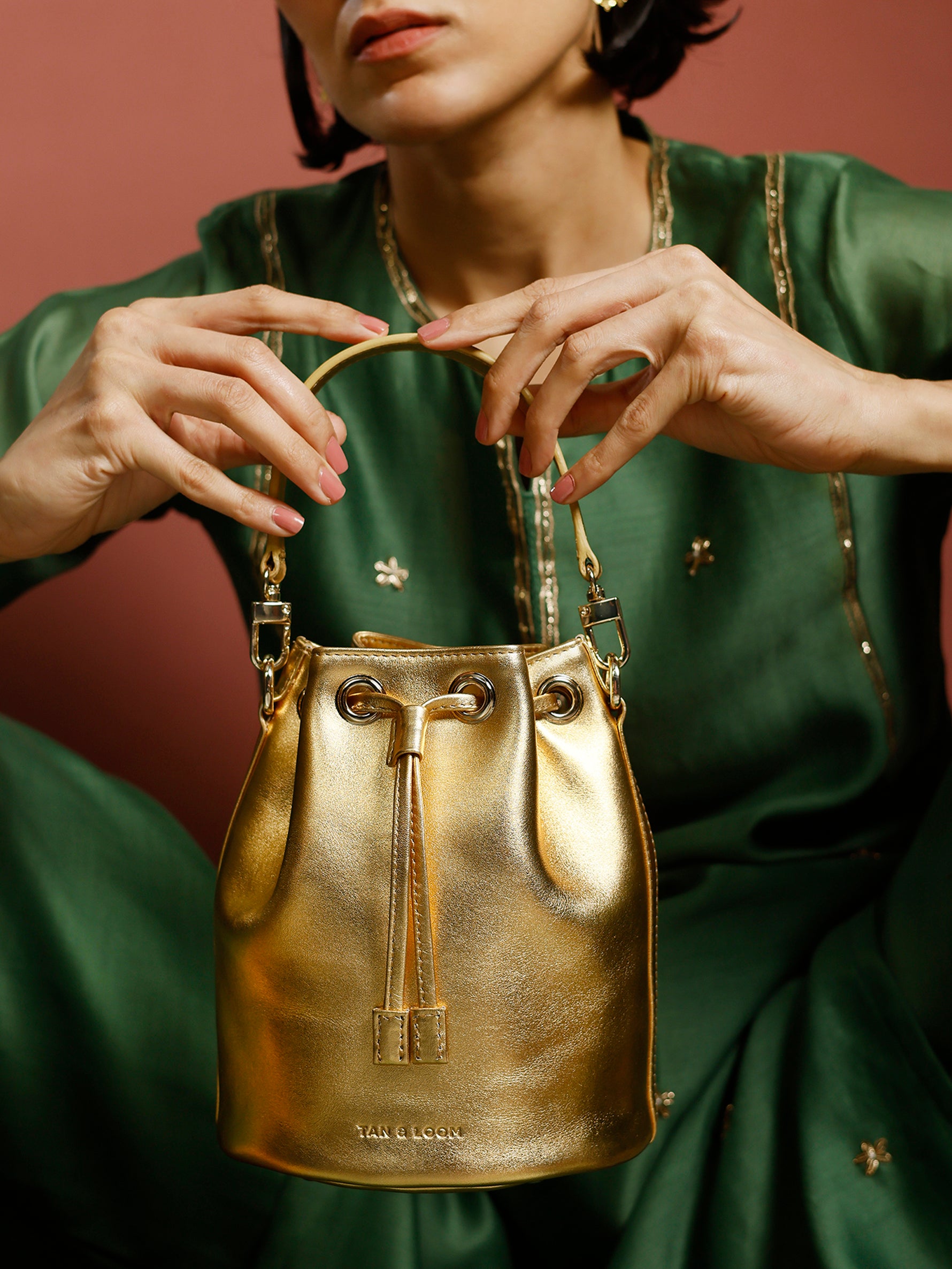 Handcrafted Gold Genuine Leather Bucket Potli Bag for Women Tan & Loom