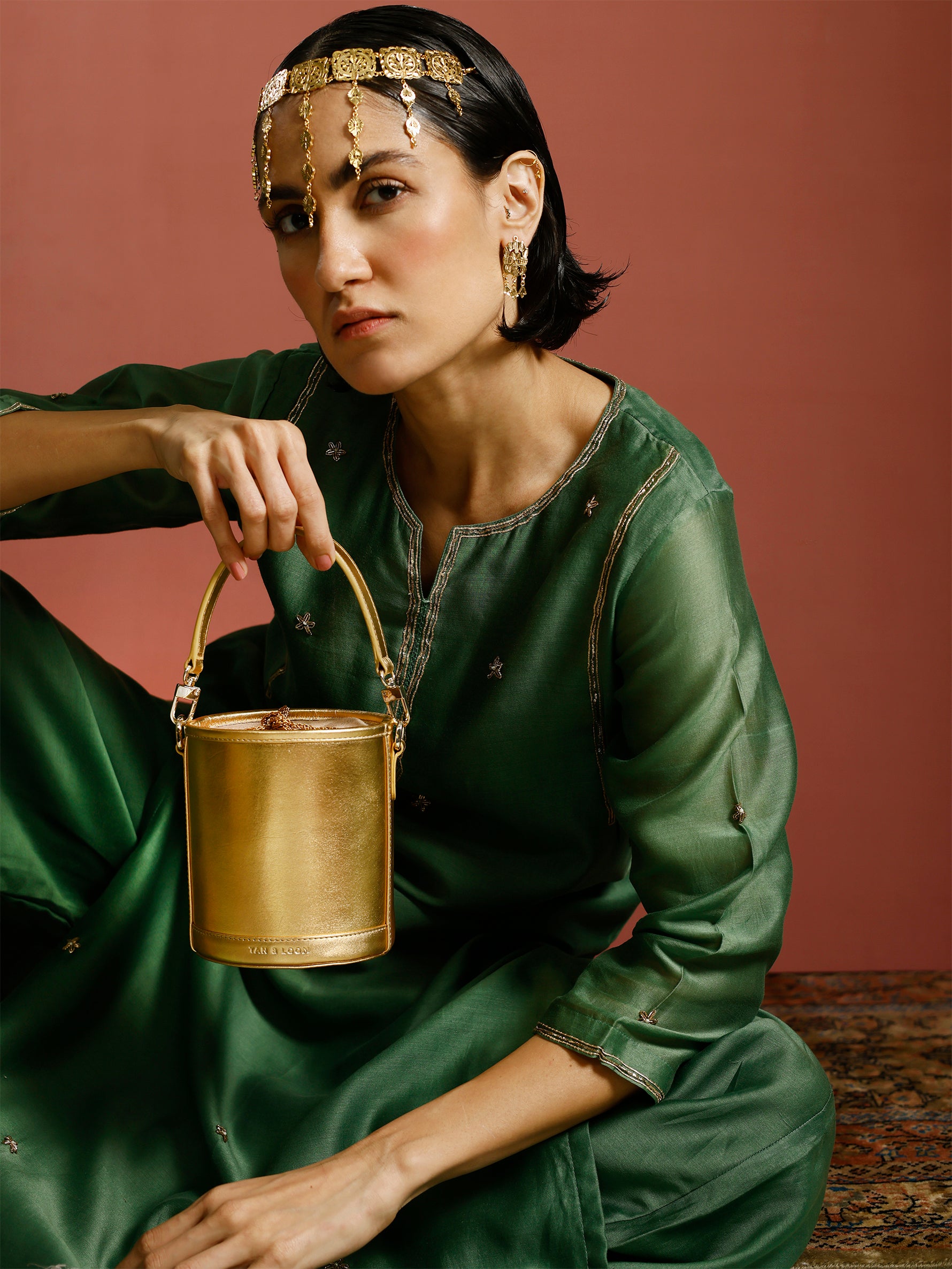 Handcrafted Gold Genuine Leather Cylinder Potli Bag for Women Tan & Loom