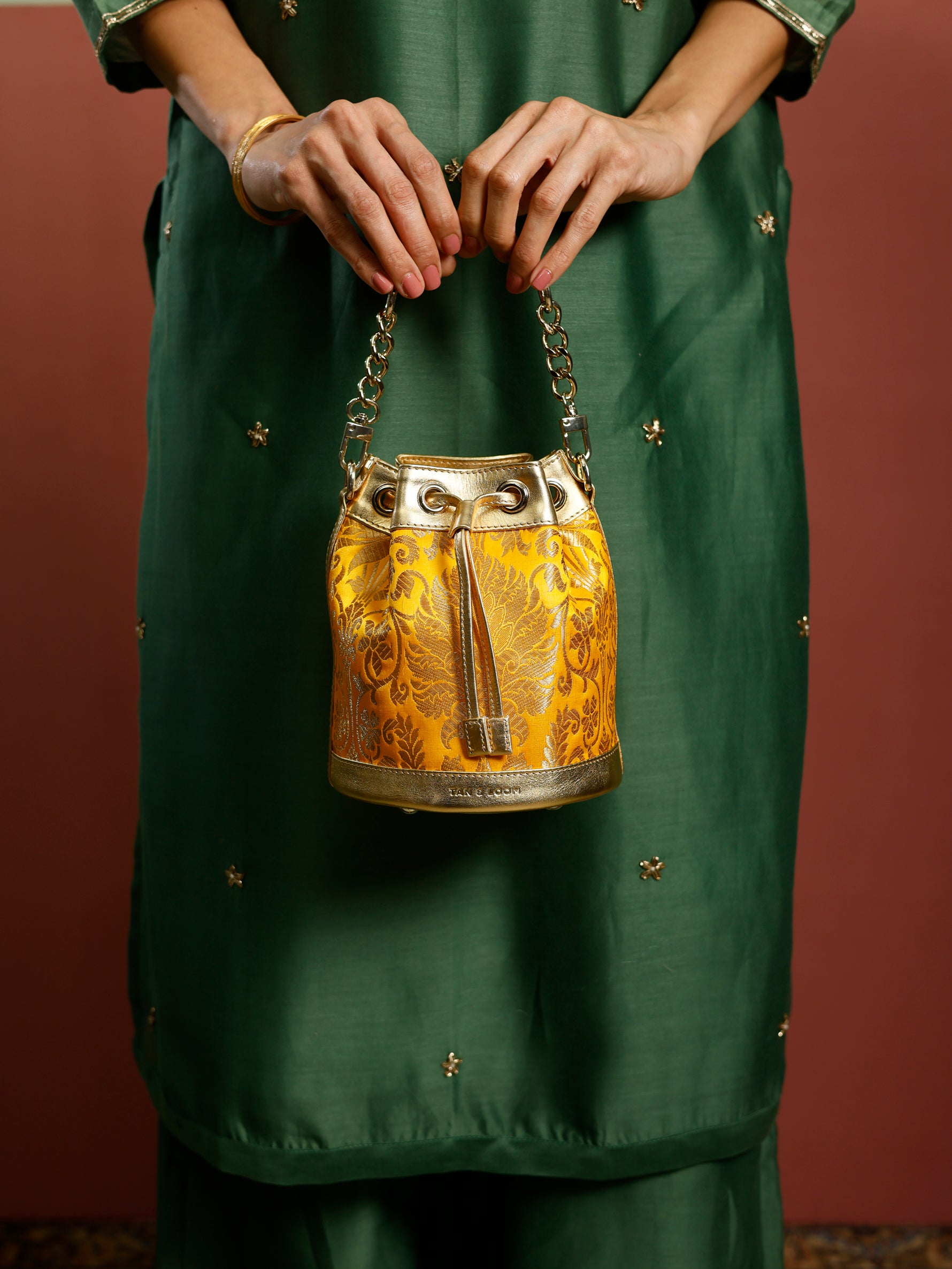 Handcrafted Yellow Genuine Leather & Banarasi Brocade Bucket Potli Bag for Women Tan & Loom