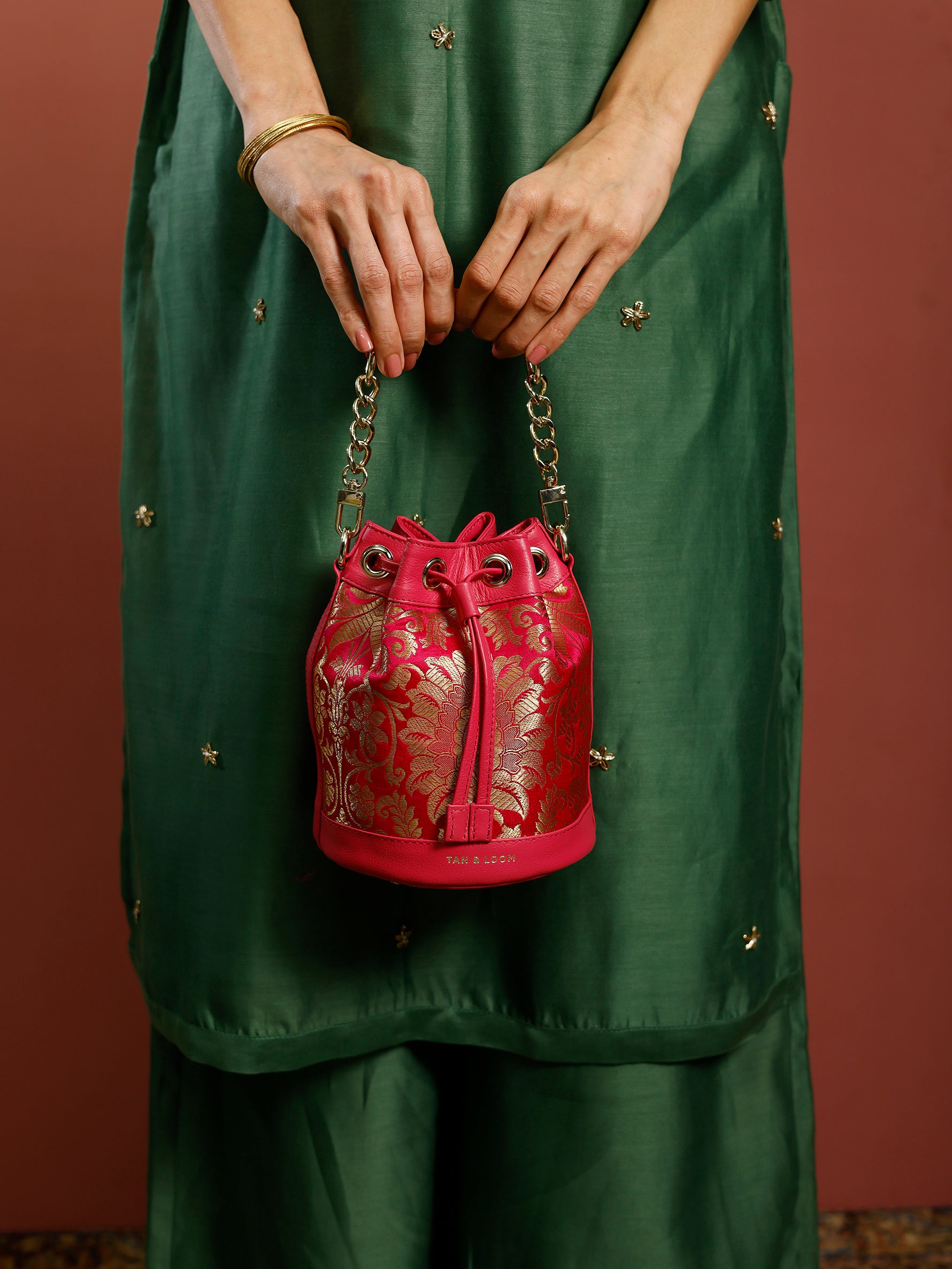 Handcrafted Pink Genuine Leather & Banarasi Brocade Bombay Bucket Bag for Women Tan & Loom