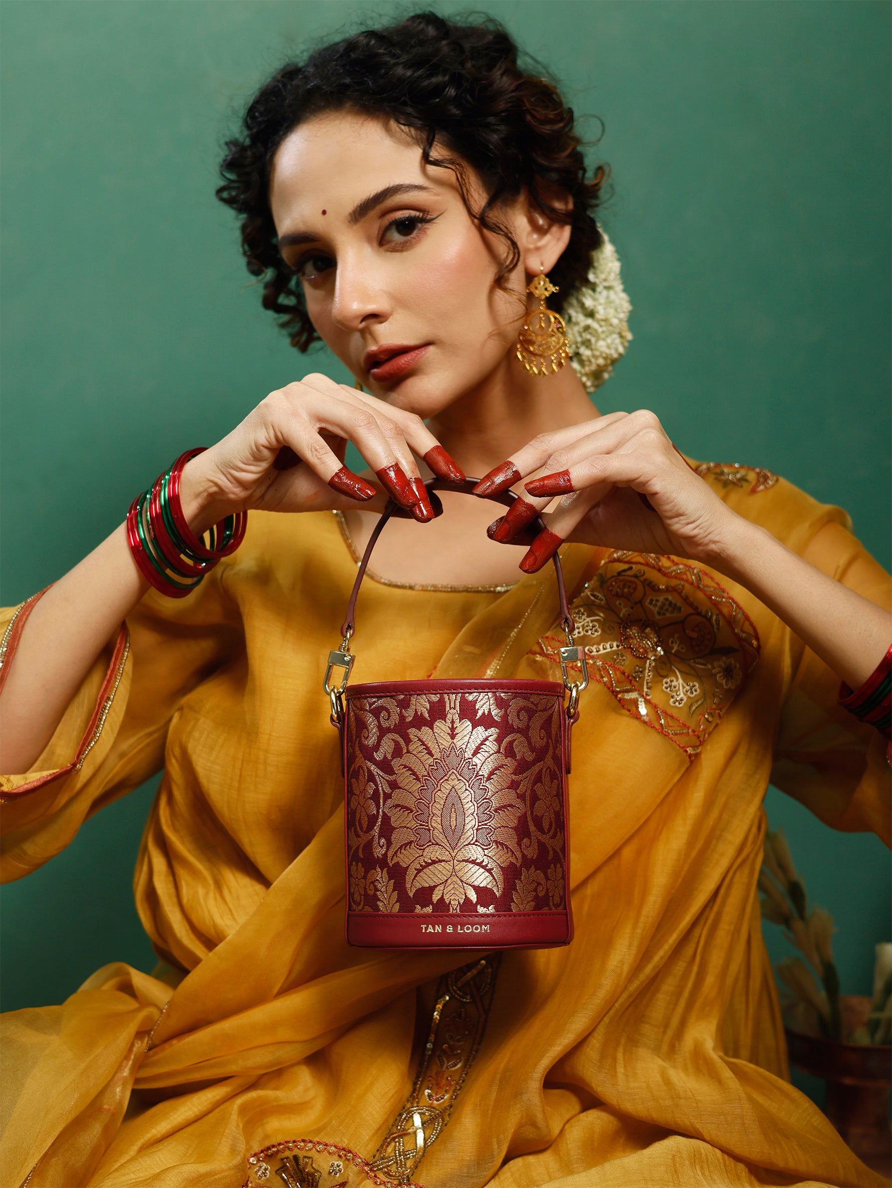 Handcrafted Maroon Genuine Leather & Banarasi Brocade Cylinder Potli Bag for Women Tan & Loom