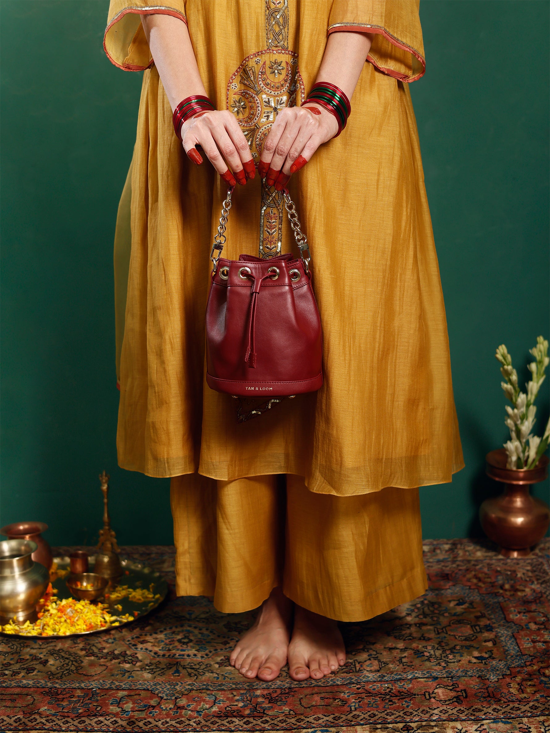 Handcrafted Maroon Genuine Leather Bucket Potli Bag for Women Tan & Loom