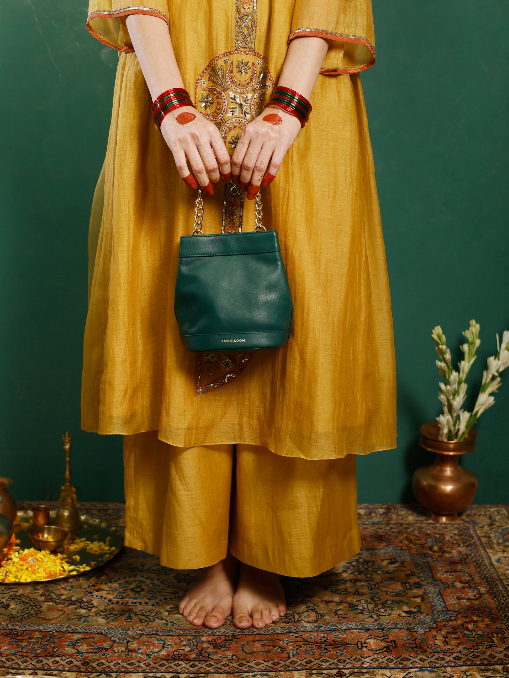 Handcrafted Forrest Green Genuine Leather Rani Batua for Women Tan & Loom