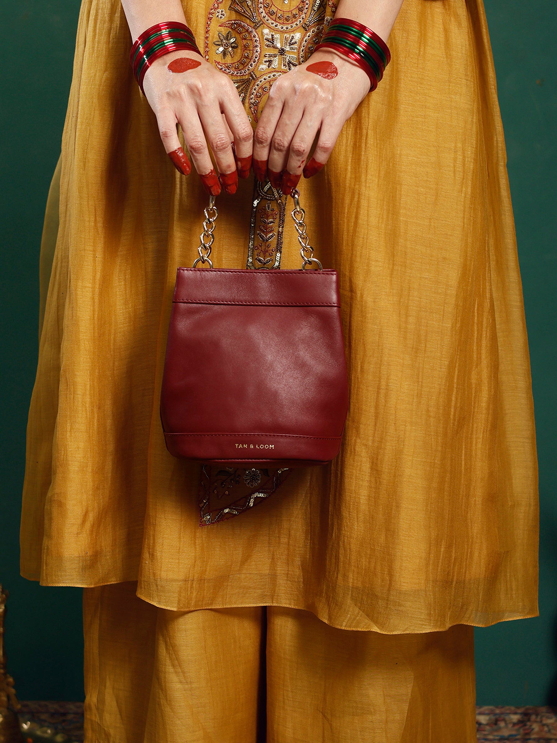Handcrafted Maroon Genuine Leather Rani Batua for Women Tan & Loom