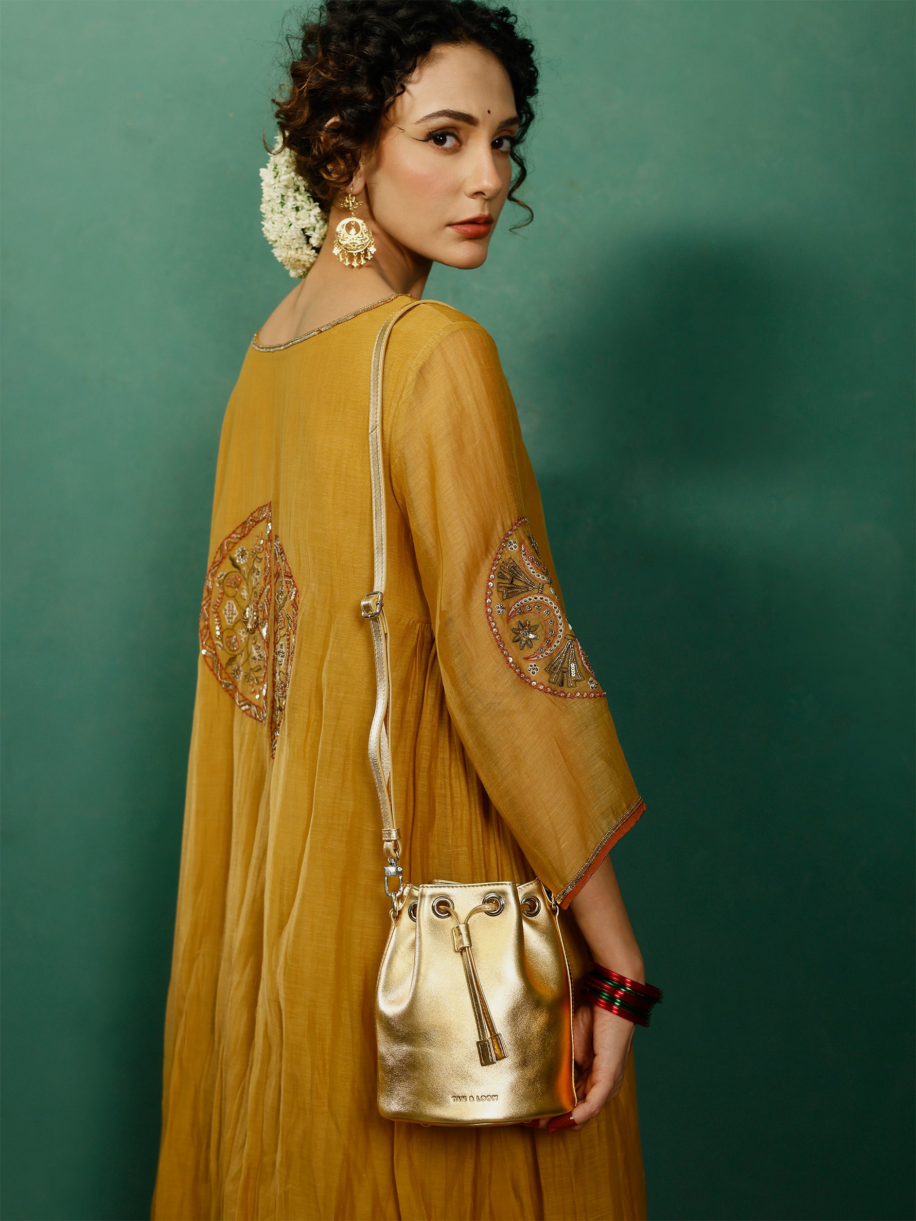 Handcrafted Gold Genuine Leather Bucket Potli Bag for Women Tan & Loom