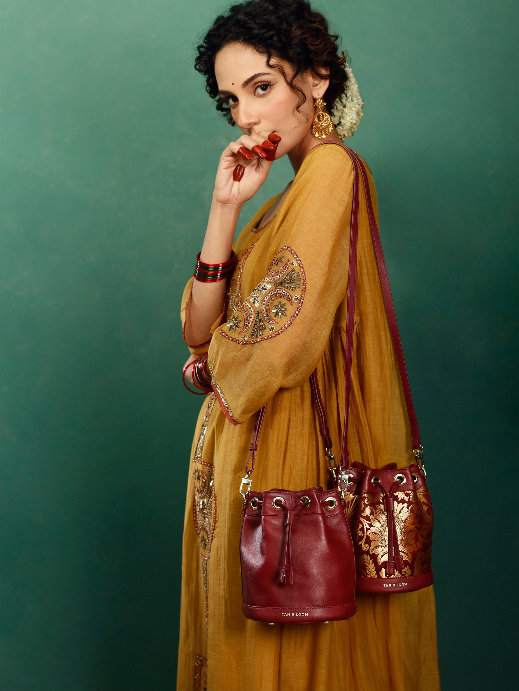 Handcrafted Maroon Genuine Leather Bucket Potli Bag for Women Tan & Loom