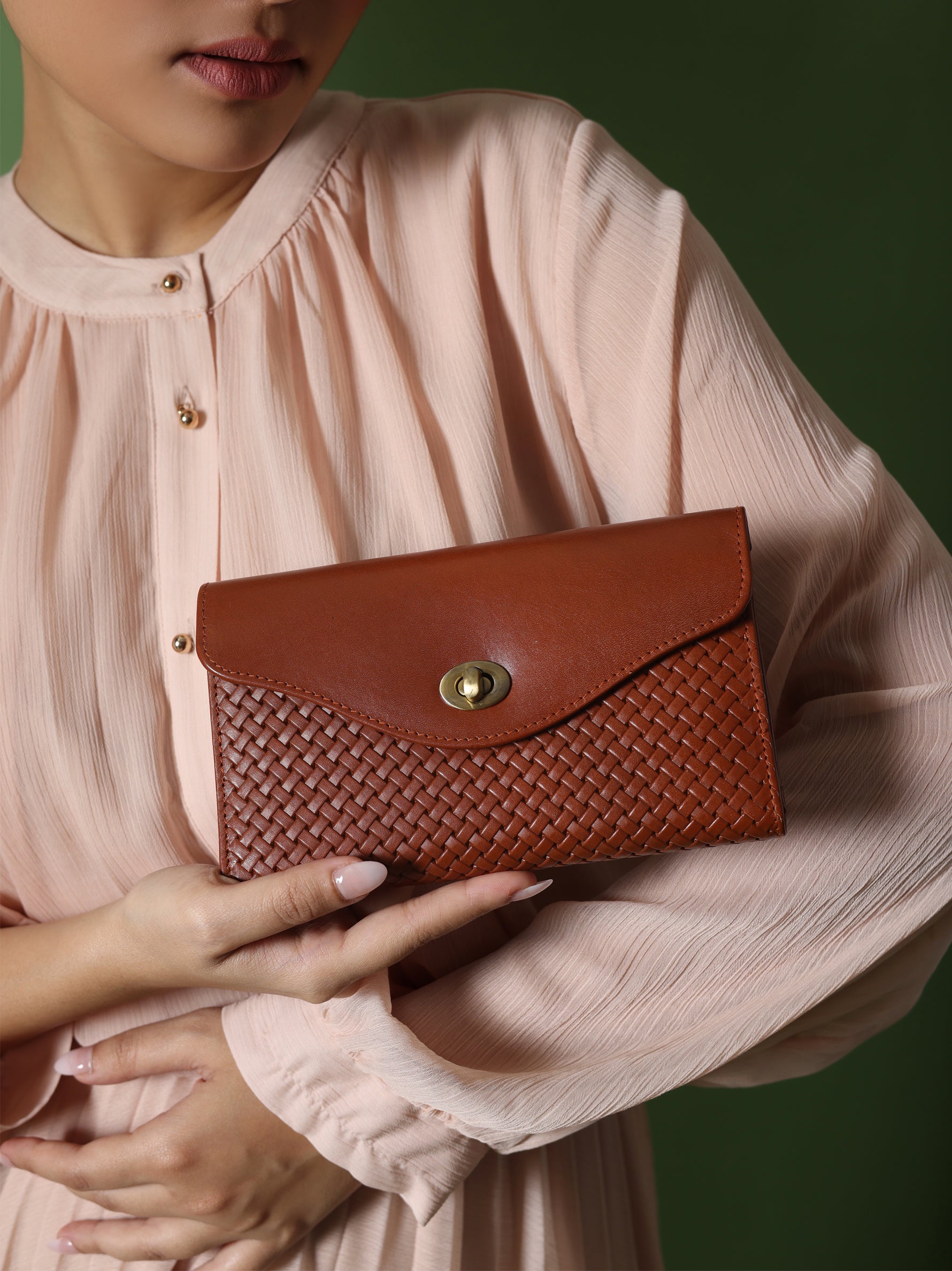 Handcrafted Woven Vegetable Tanned Leather Colaba Clutch Wallet Cognac Tan for Women Tan & Loom