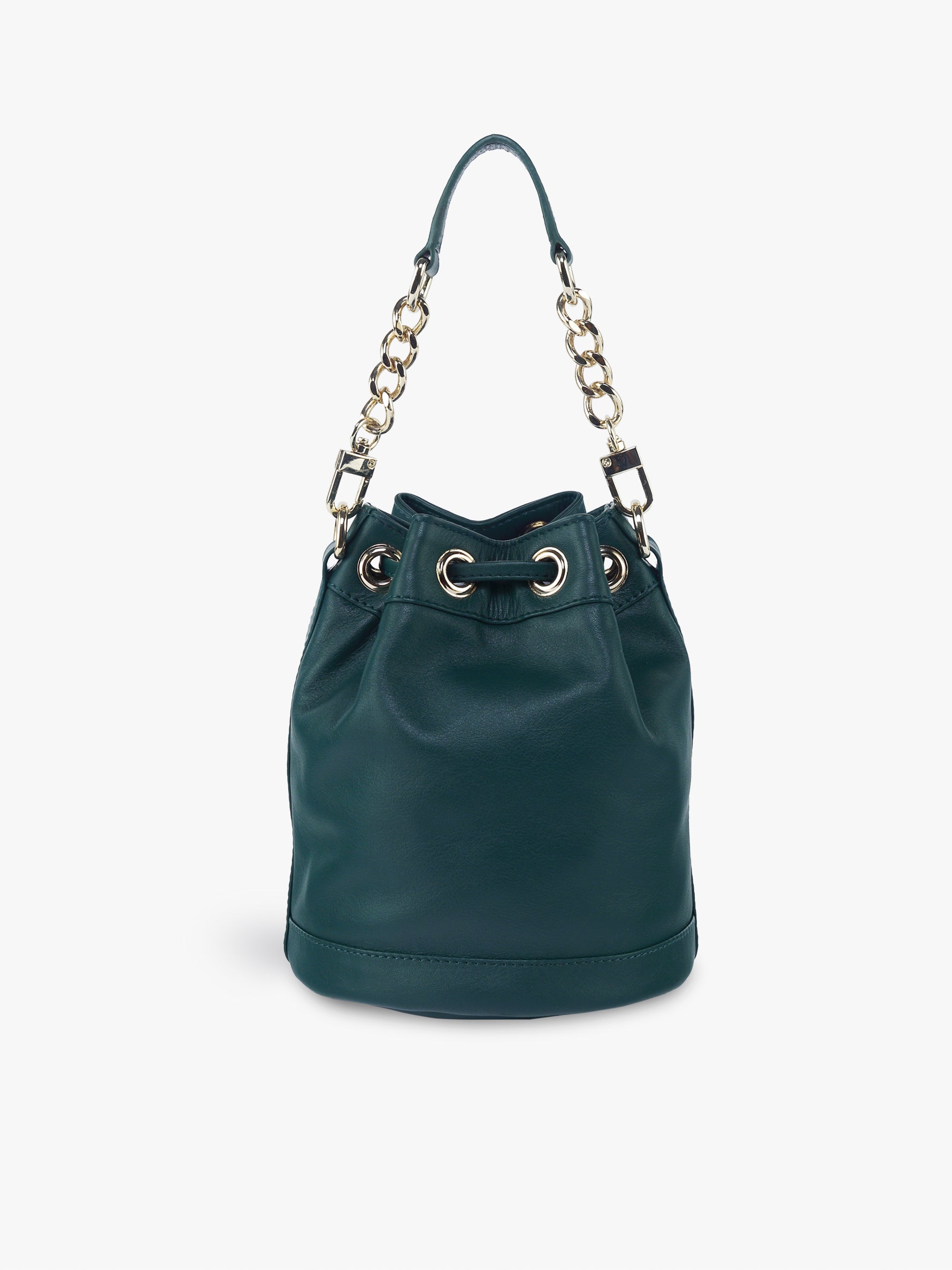 Handcrafted Forrest Green Genuine Leather Bucket Potli Bag for Women Tan & Loom