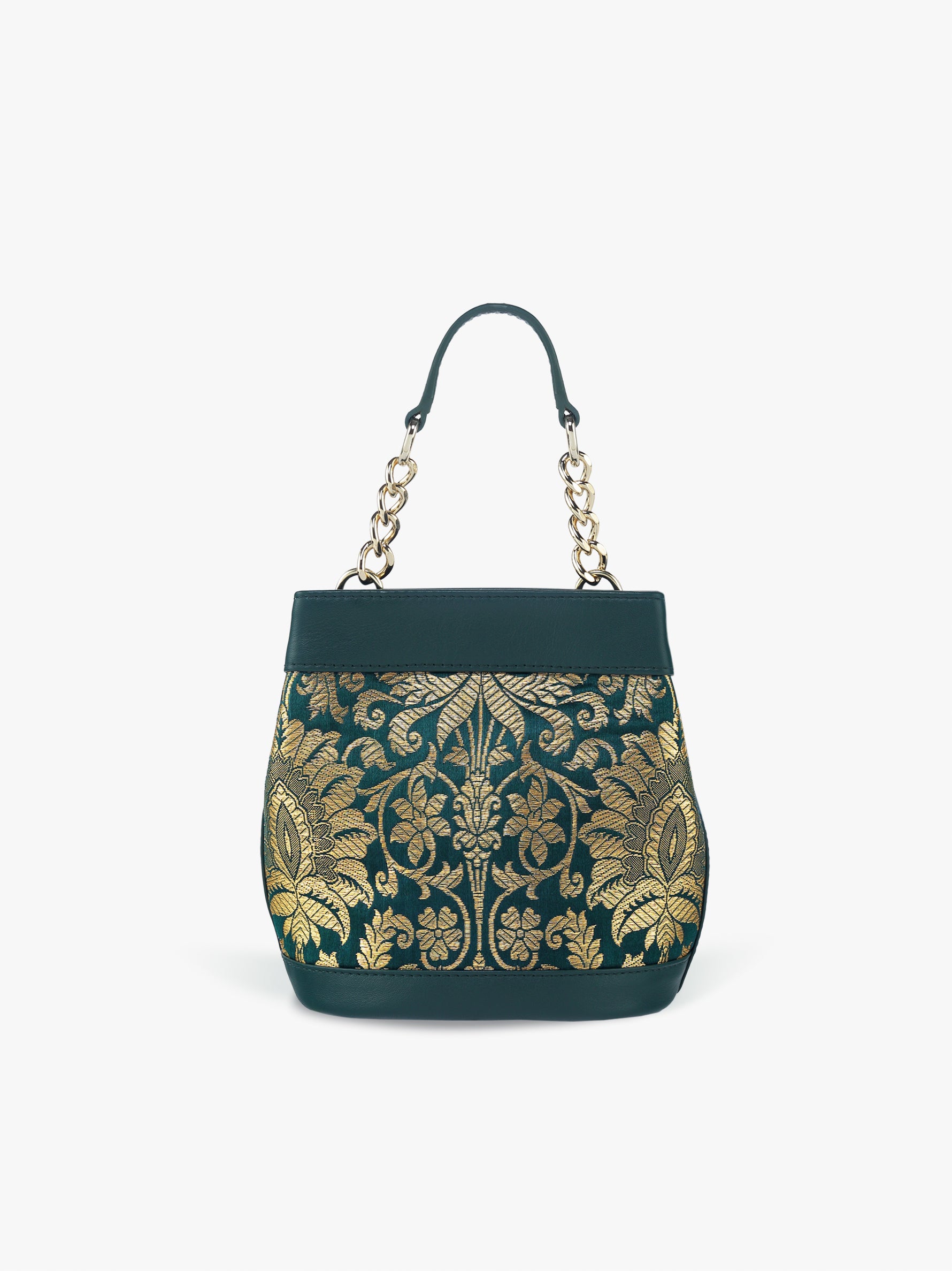 Handcrafted Forrest Green Genuine Leather & Banarasi Brocade Rani Batua for Women Tan & Loom