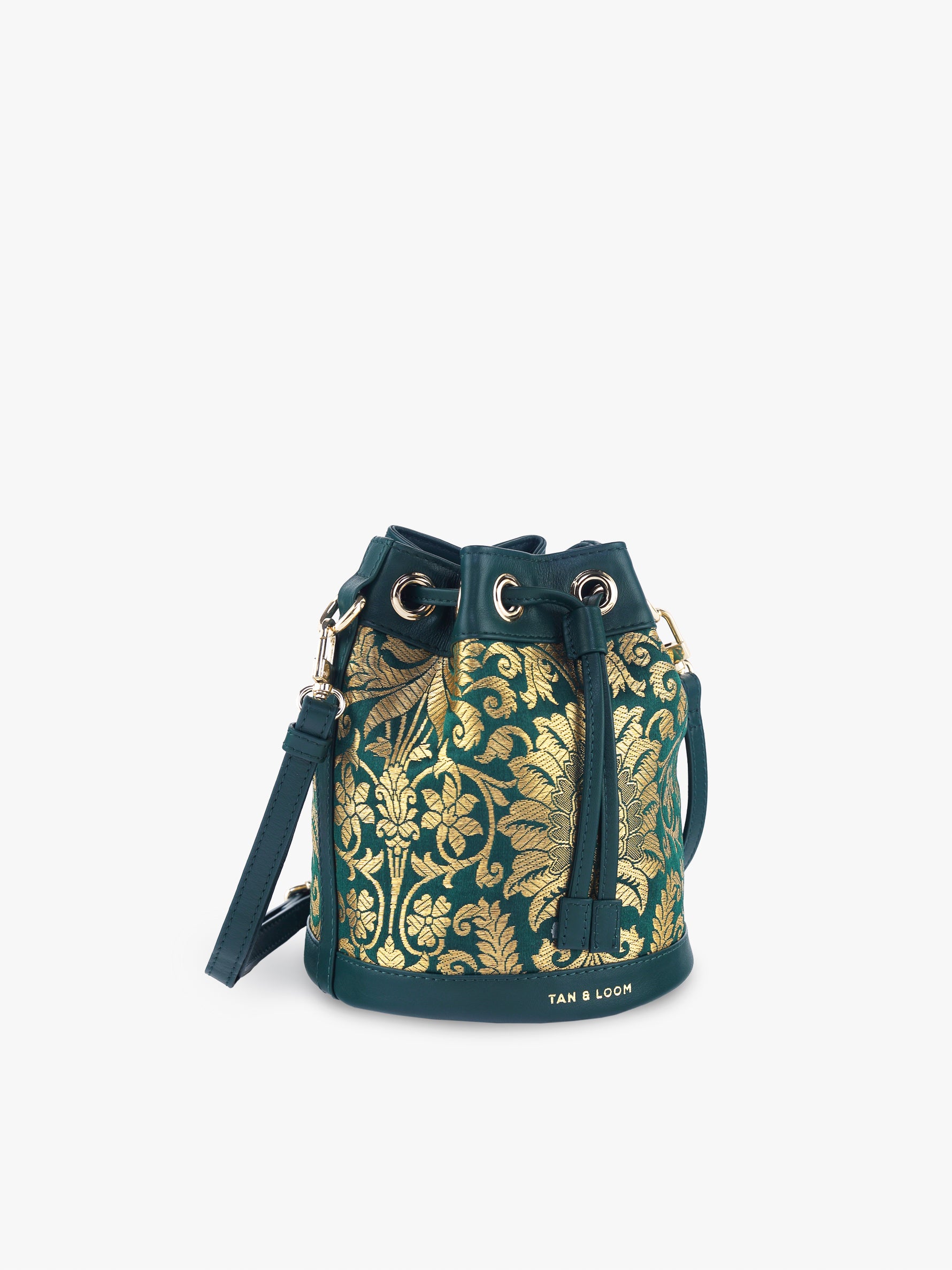 Handcrafted Forrest Green Genuine Leather & Banarasi Brocade Bucket Potli Bag for Women Tan & Loom
