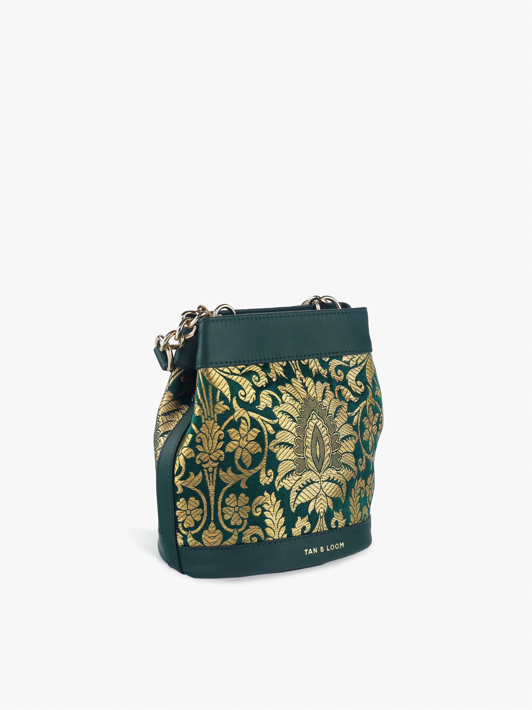 Handcrafted Forrest Green Genuine Leather & Banarasi Brocade Rani Batua for Women Tan & Loom