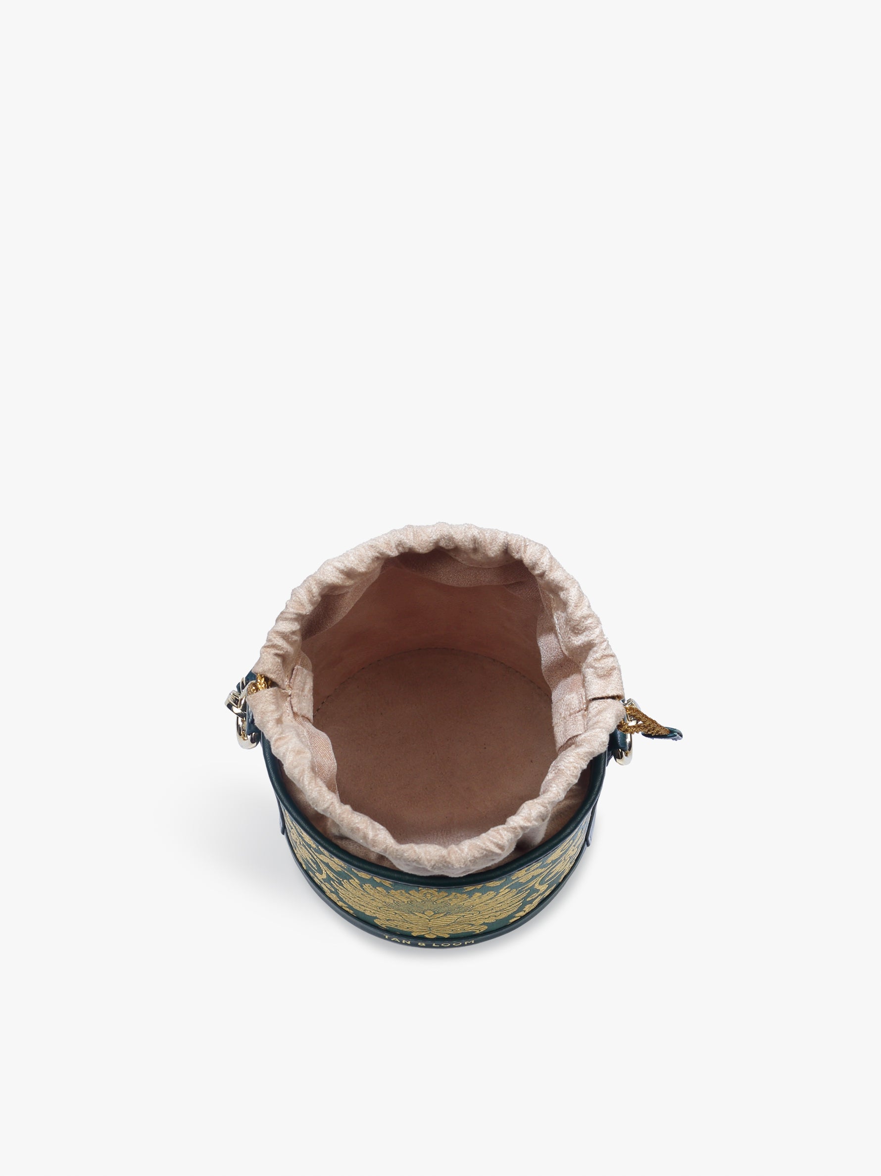 Handcrafted Forrest Green Genuine Leather & Banarasi Brocade Cylinder Potli Bag for Women Tan & Loom