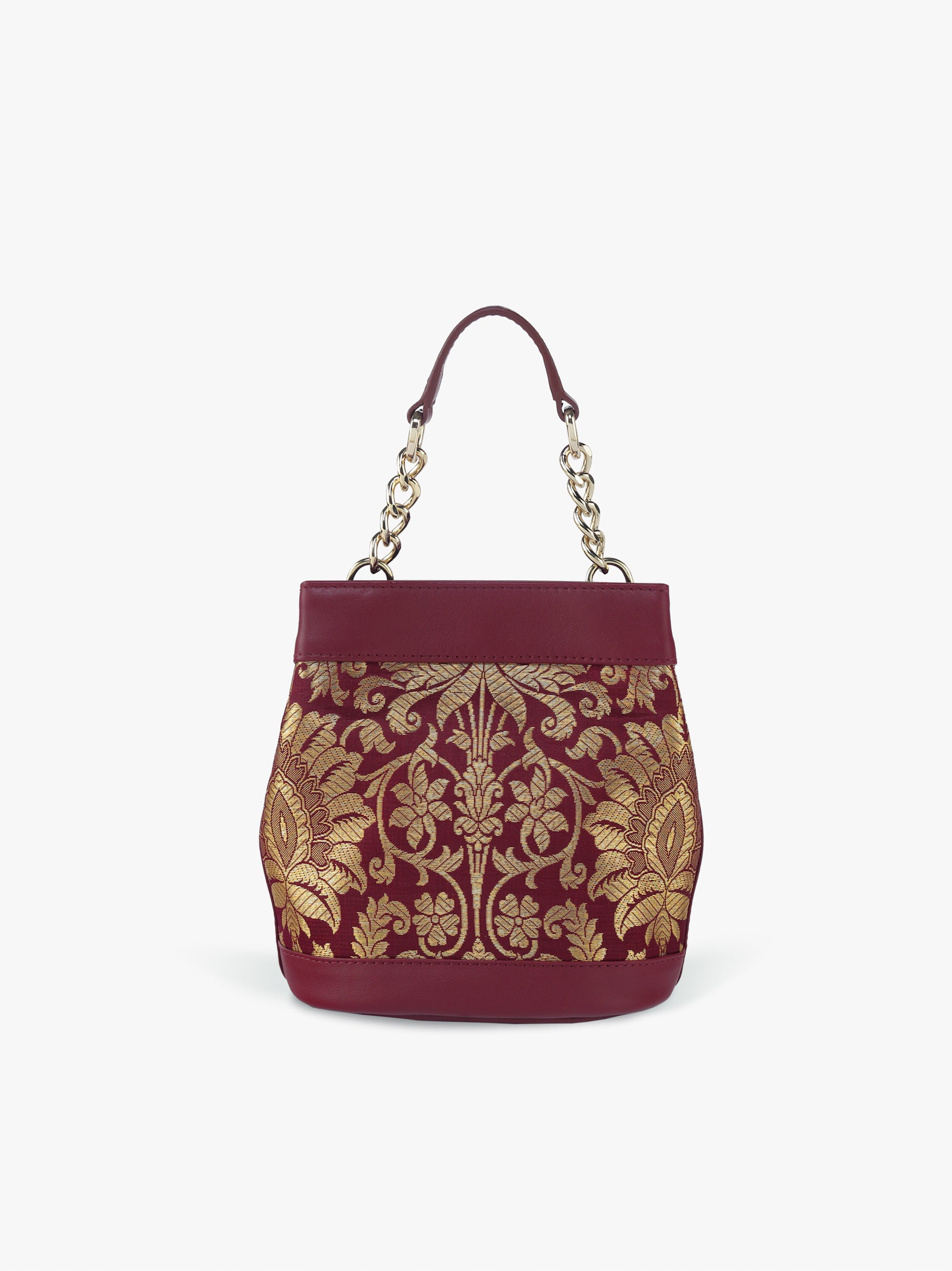 Handcrafted Maroon Genuine Leather & Banarasi Brocade Rani Batua for Women Tan & Loom