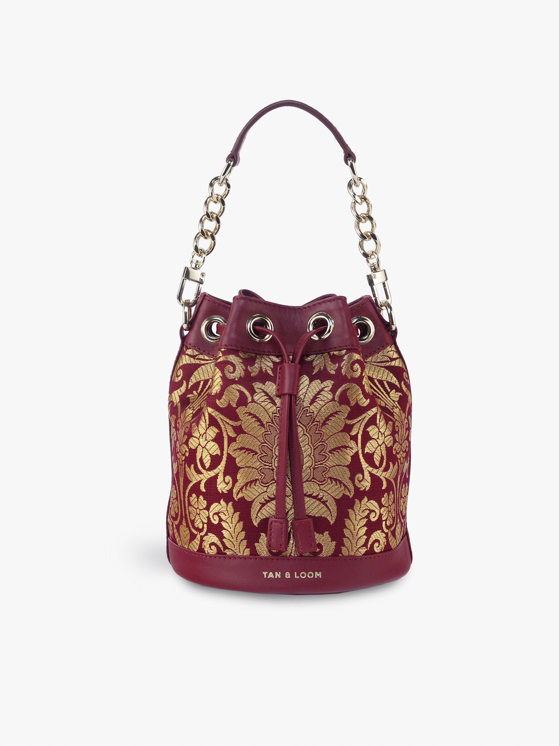 Handcrafted Maroon Genuine Leather & Banarasi Brocade Bucket Potli Bag for Women Tan & Loom