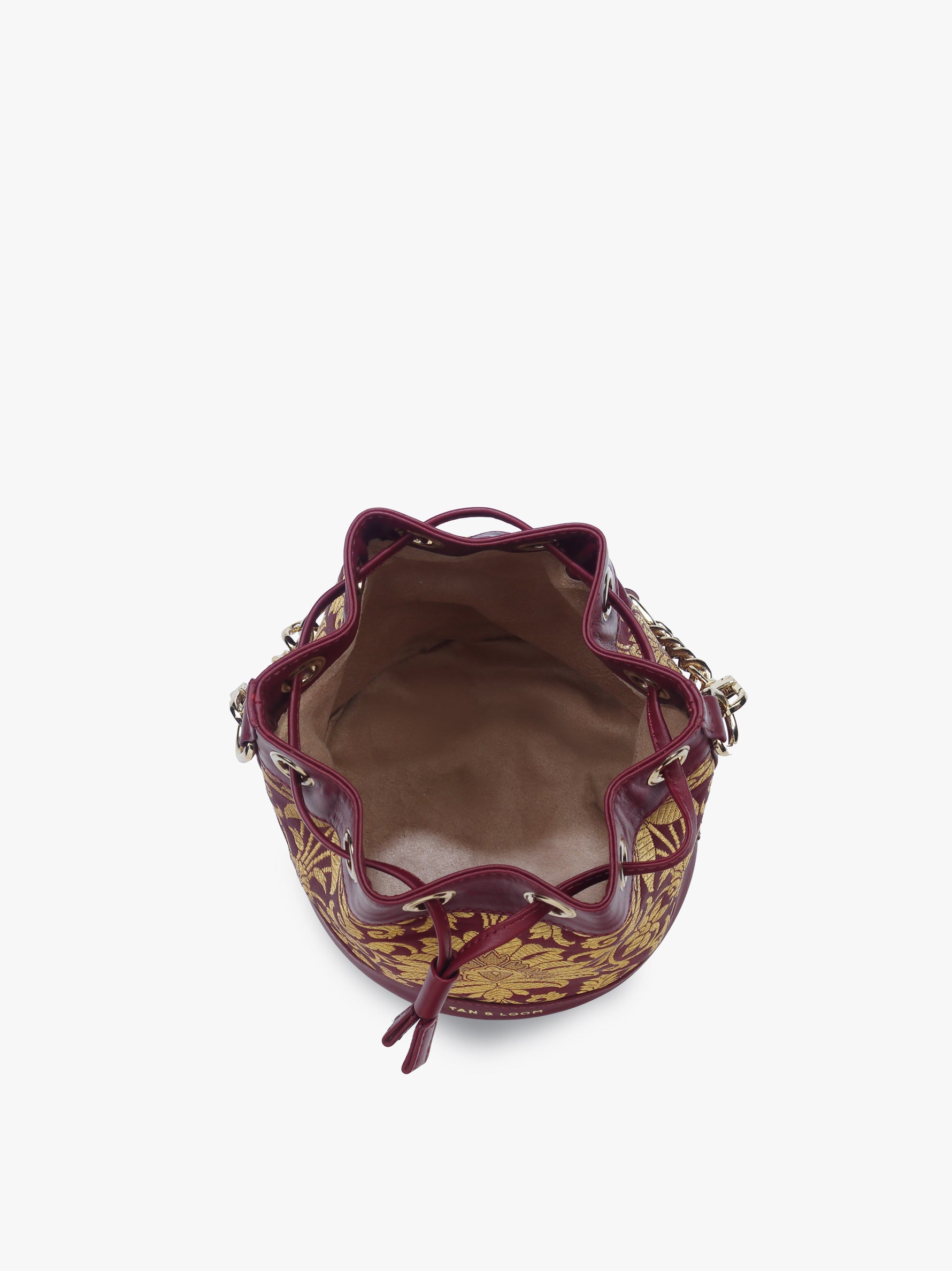 Handcrafted Maroon Genuine Leather & Banarasi Brocade Bucket Potli Bag for Women Tan & Loom