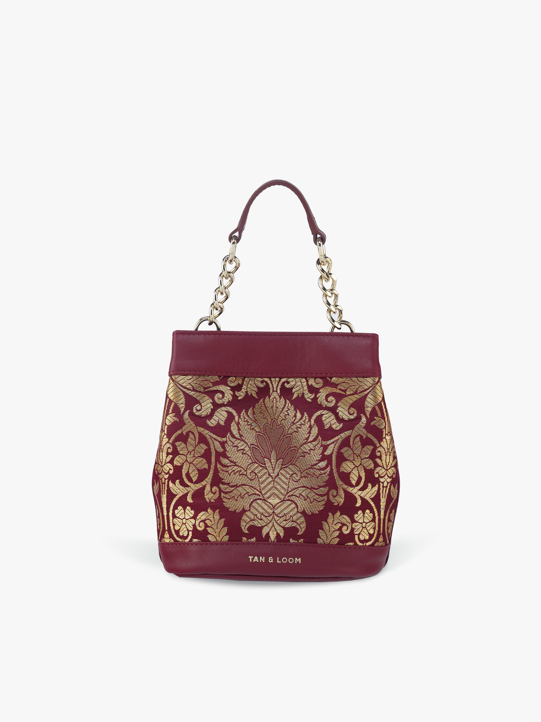 Handcrafted Maroon Genuine Leather & Banarasi Brocade Rani Batua for Women Tan & Loom