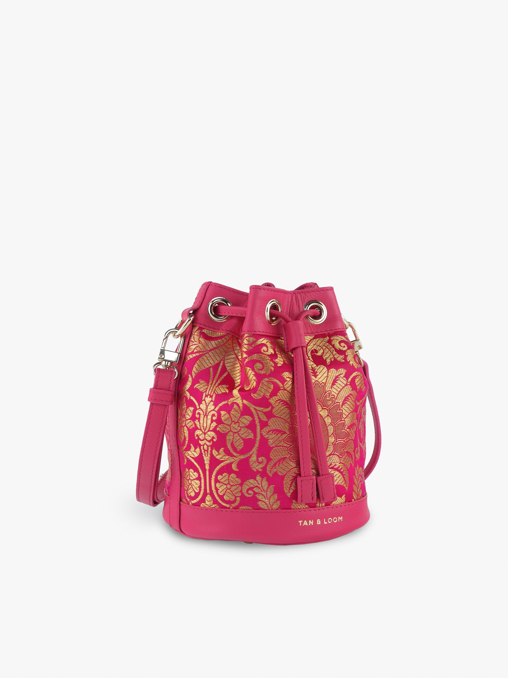 Handcrafted Pink Genuine Leather & Banarasi Brocade Bombay Bucket Bag for Women Tan & Loom
