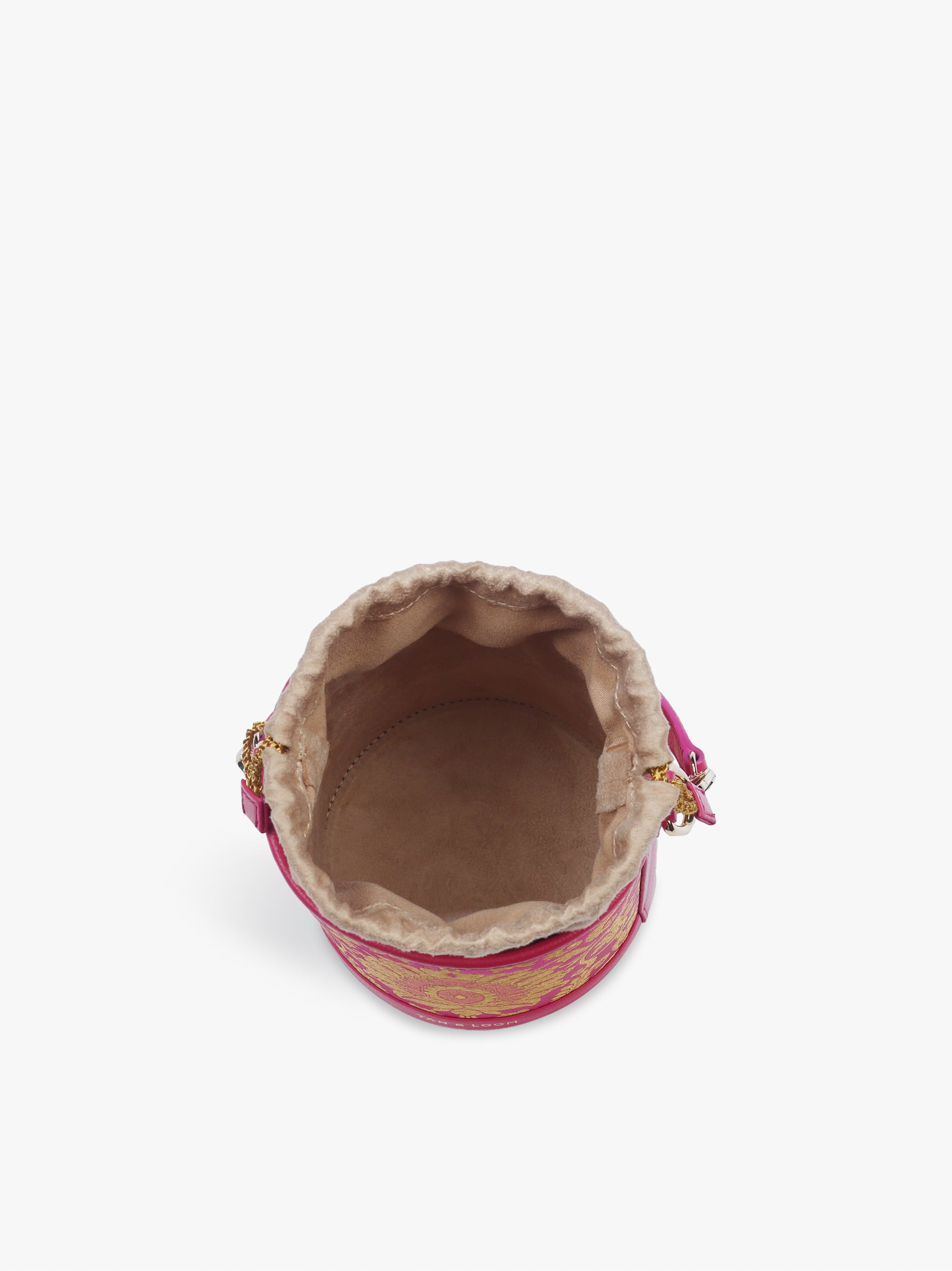 Handcrafted Pink Genuine Leather & Banarasi Brocade Cylinder Potli Bag for Women Tan & Loom