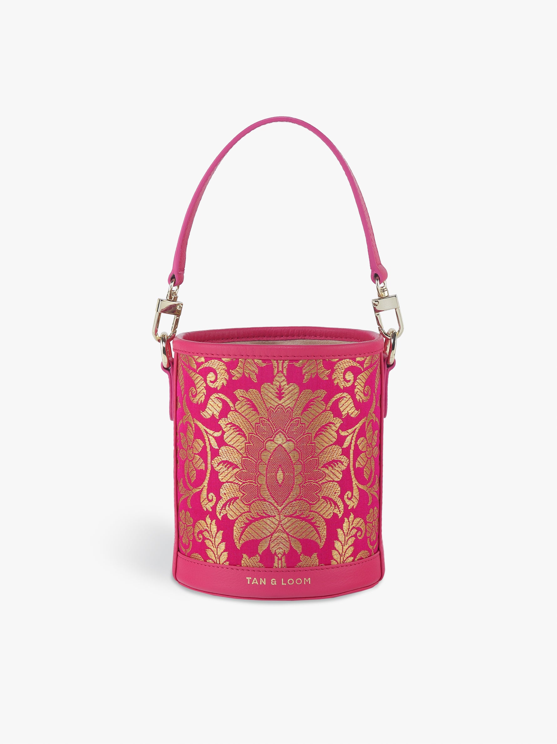 Handcrafted Pink Genuine Leather & Banarasi Brocade Cylinder Potli Bag for Women Tan & Loom