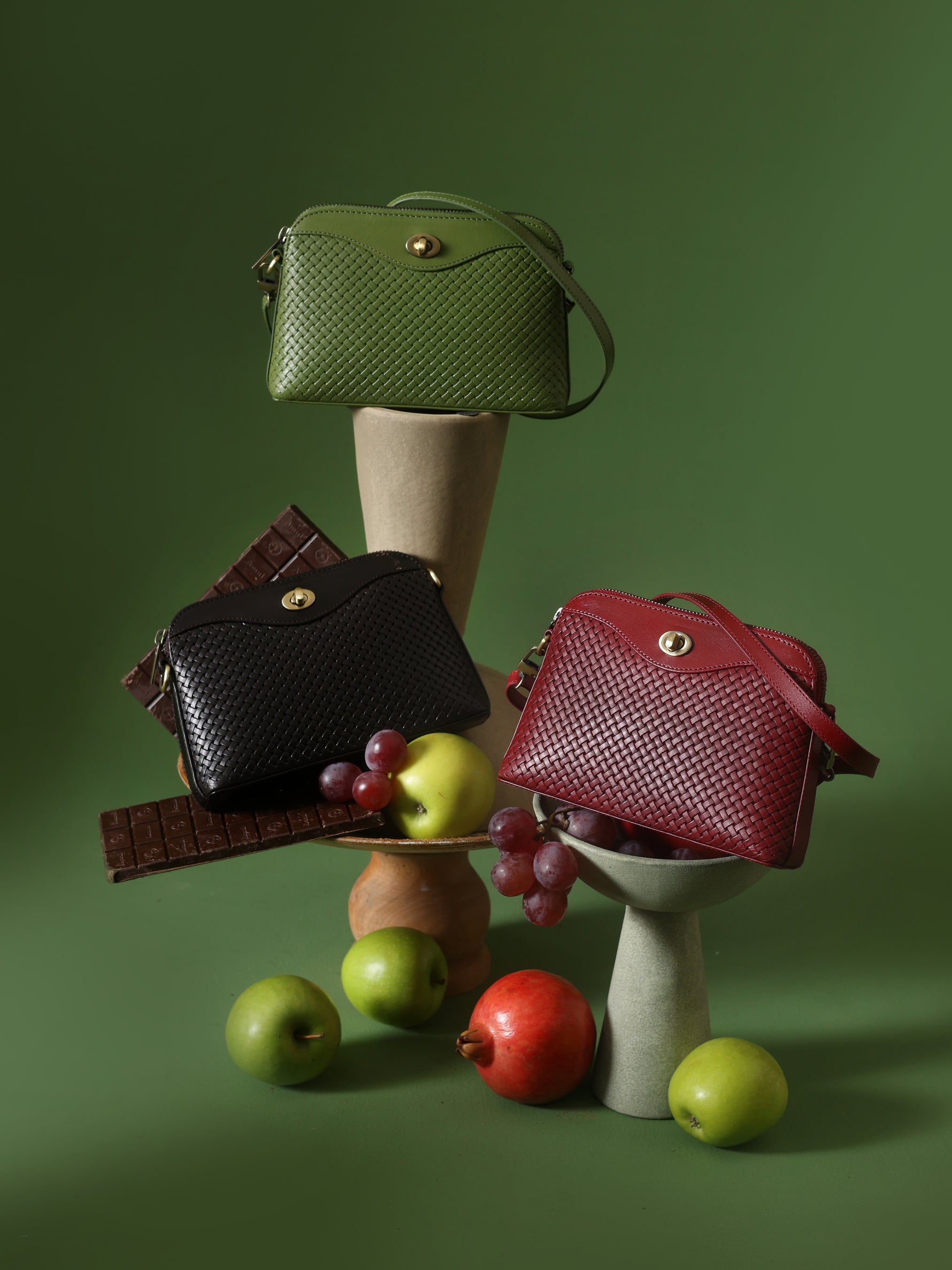 Handcrafted Woven Vegetable Tanned Leather Nilgiri Sling (Medium) Matcha Green for Women Tan & Loom