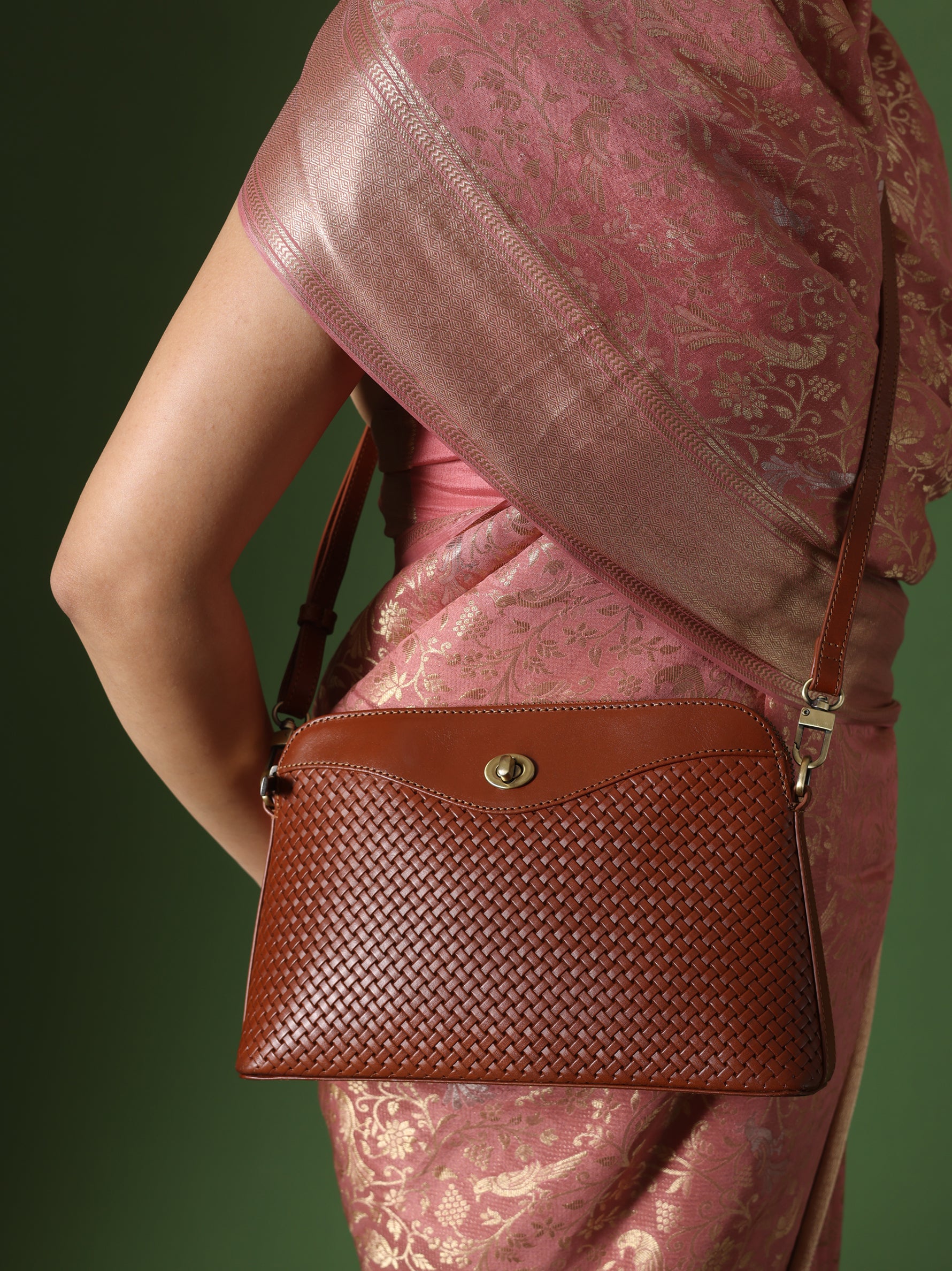 Handcrafted Woven Vegetable Tanned Leather Nilgiri Sling (Large) Cognac for Women Tan & Loom