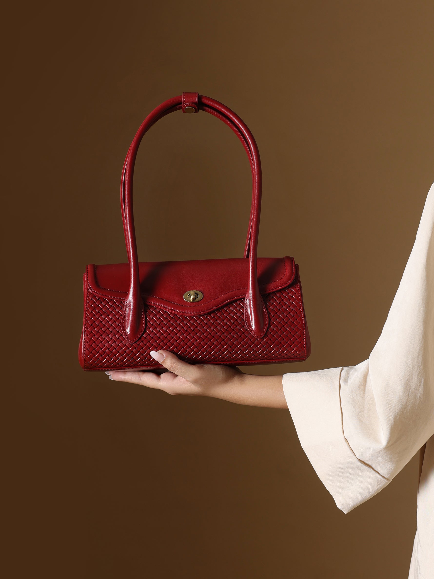 Handcrafted Woven Vegetable Tanned Leather Seville Satchel Medium Cherry Red for Women Tan & Loom