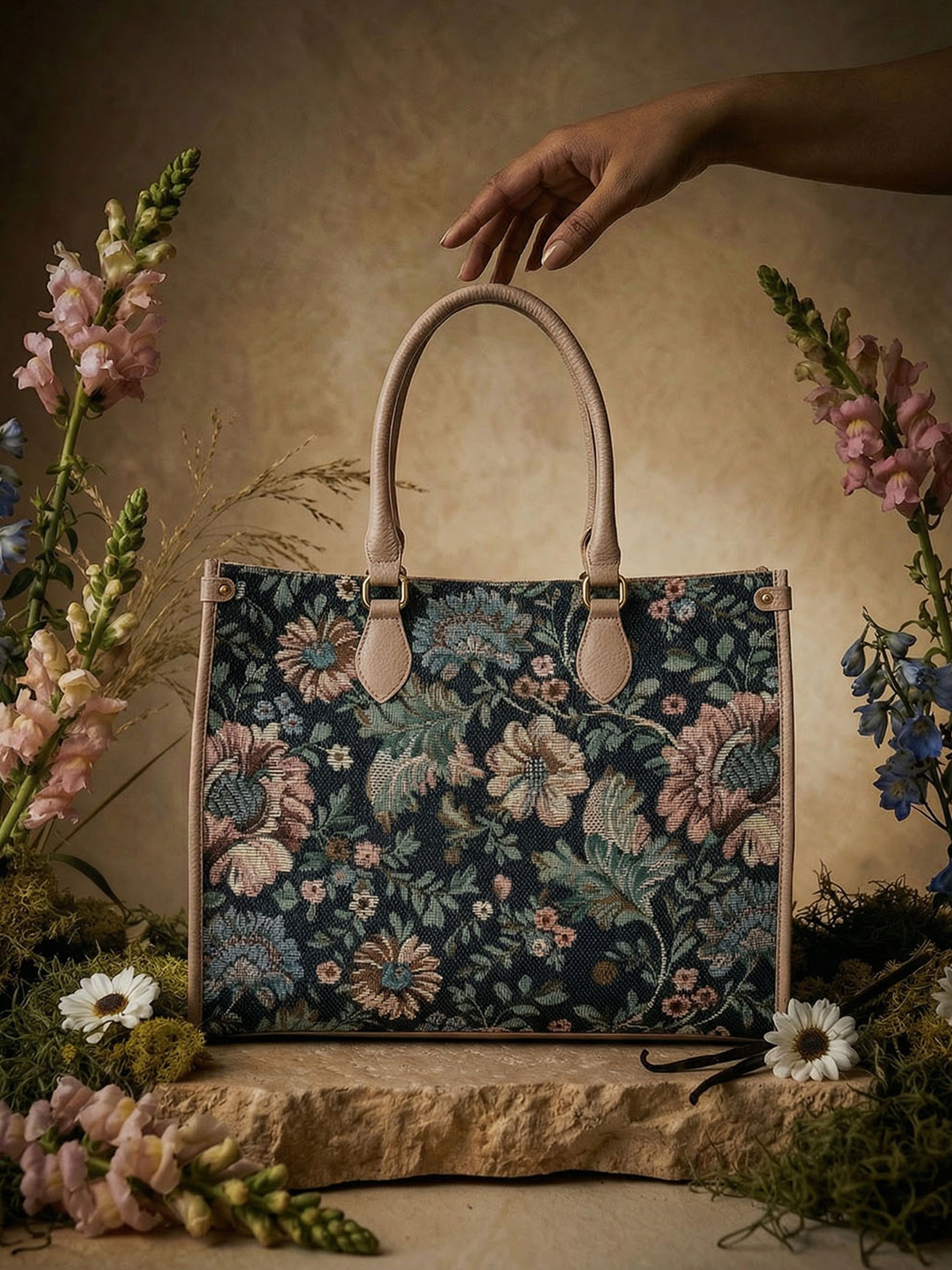 Handcrafted genuine leather and vintage floral tote for women in denim blue jacquard and pink leather trim
