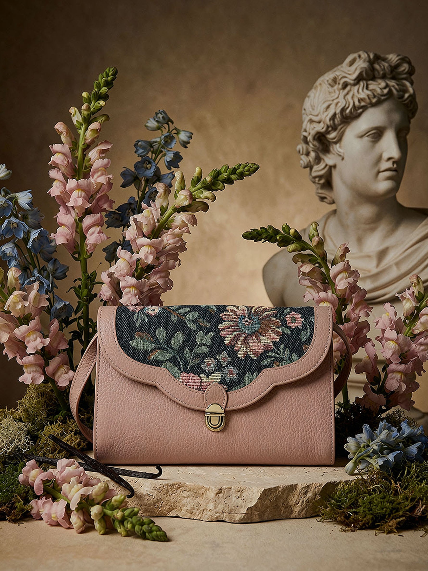Handcrafted genuine leather and vintage floral sling bag for women in denim blue jacquard and pink leather trim