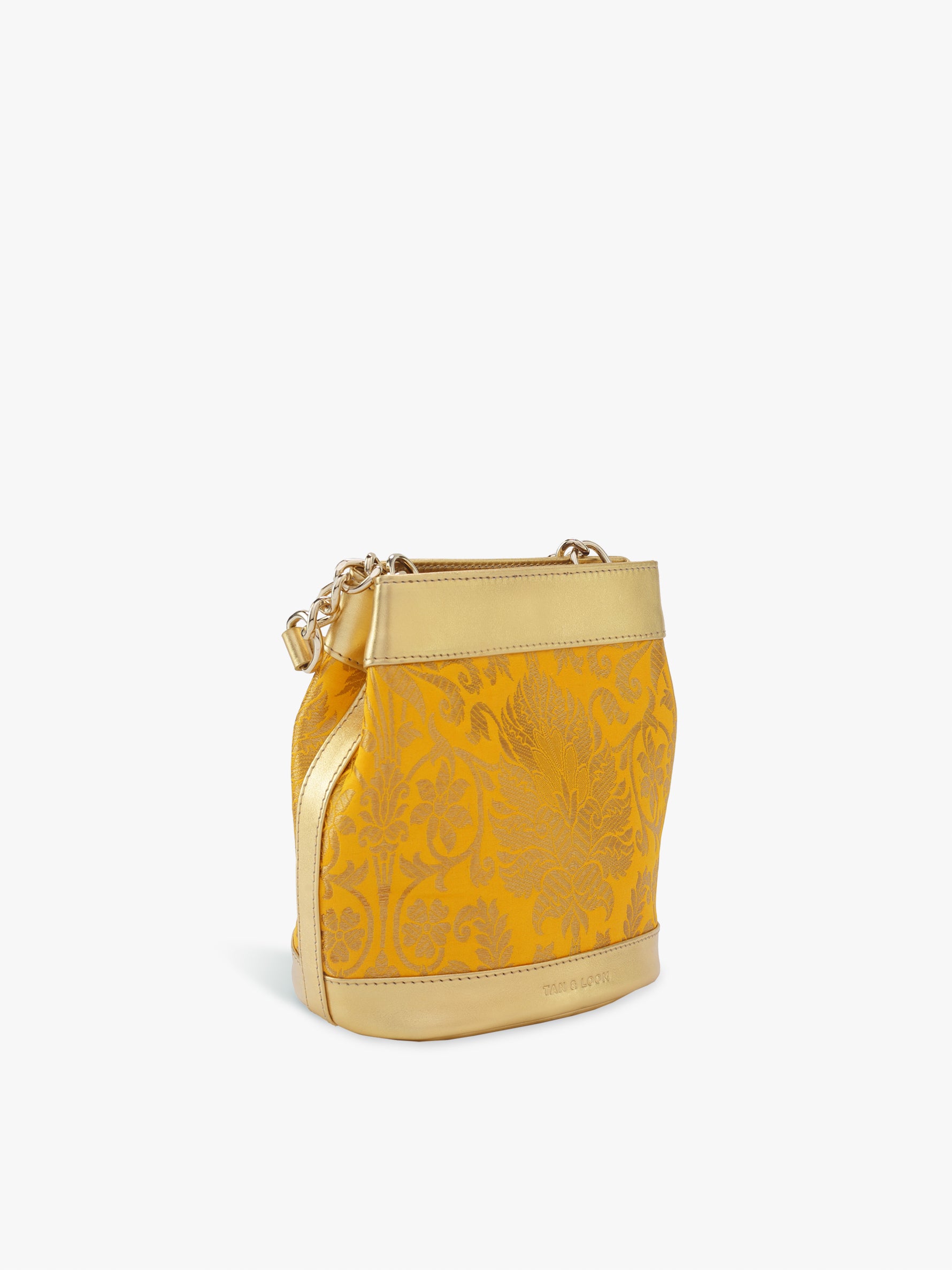 Handcrafted Yellow Genuine Leather & Banarasi Brocade Rani Batua for Women Tan & Loom