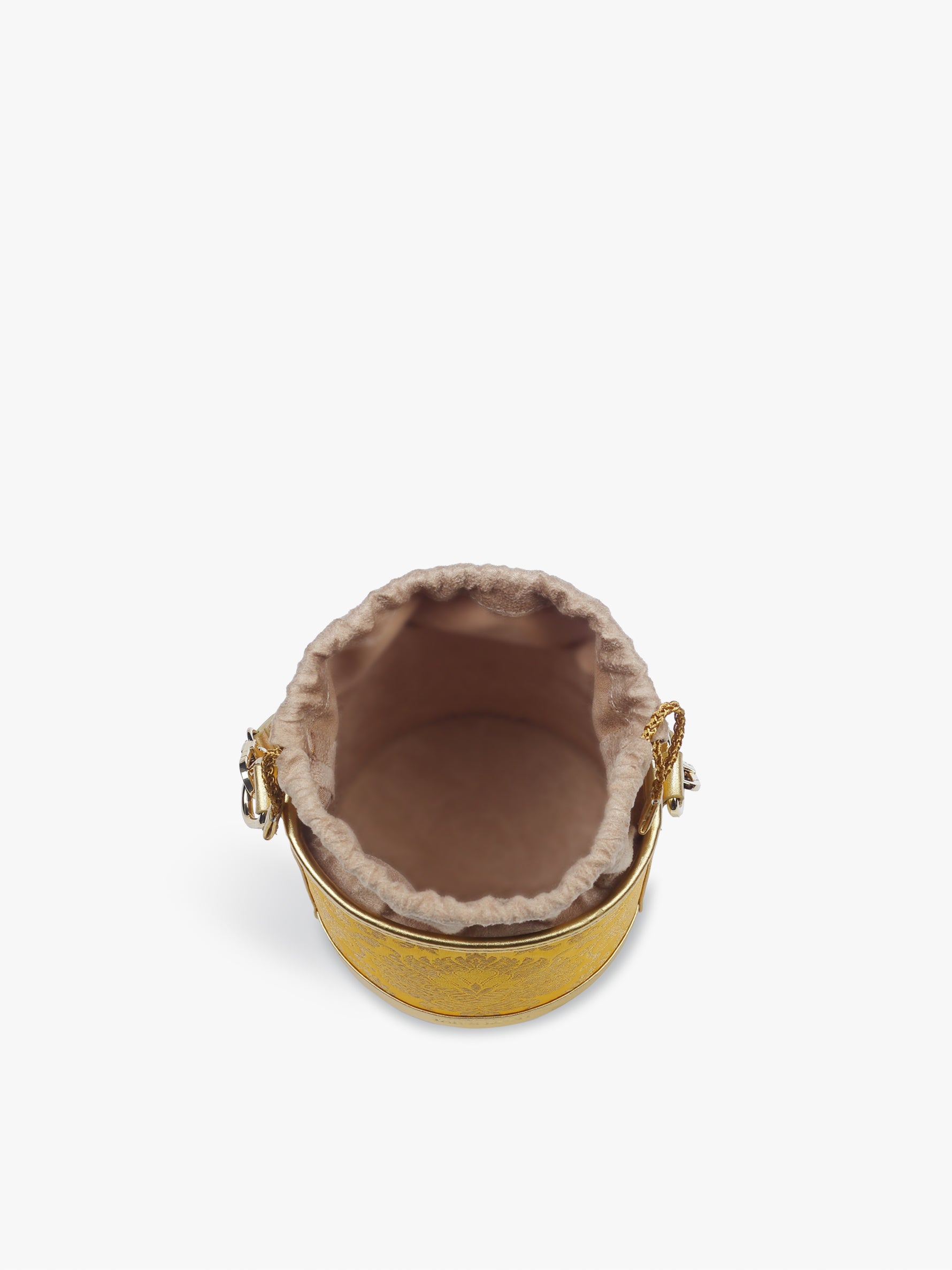 Handcrafted Yellow Genuine Leather & Banarasi Brocade Cylinder Potli Bag for Women Tan & Loom