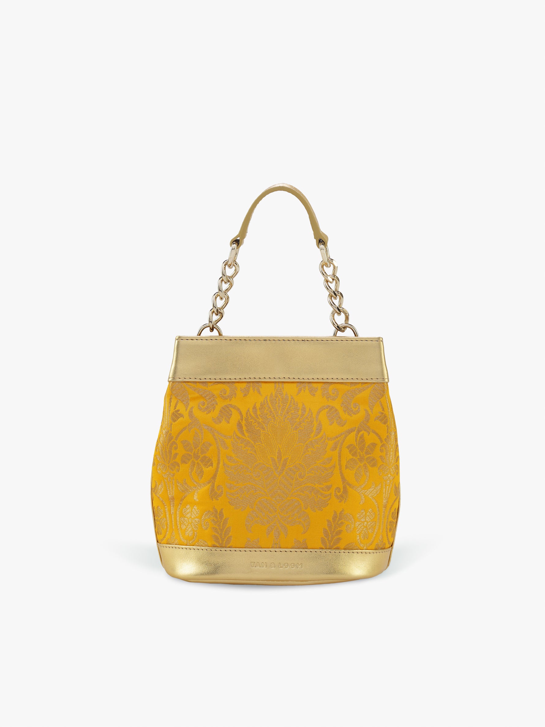 Handcrafted Yellow Genuine Leather & Banarasi Brocade Rani Batua for Women Tan & Loom