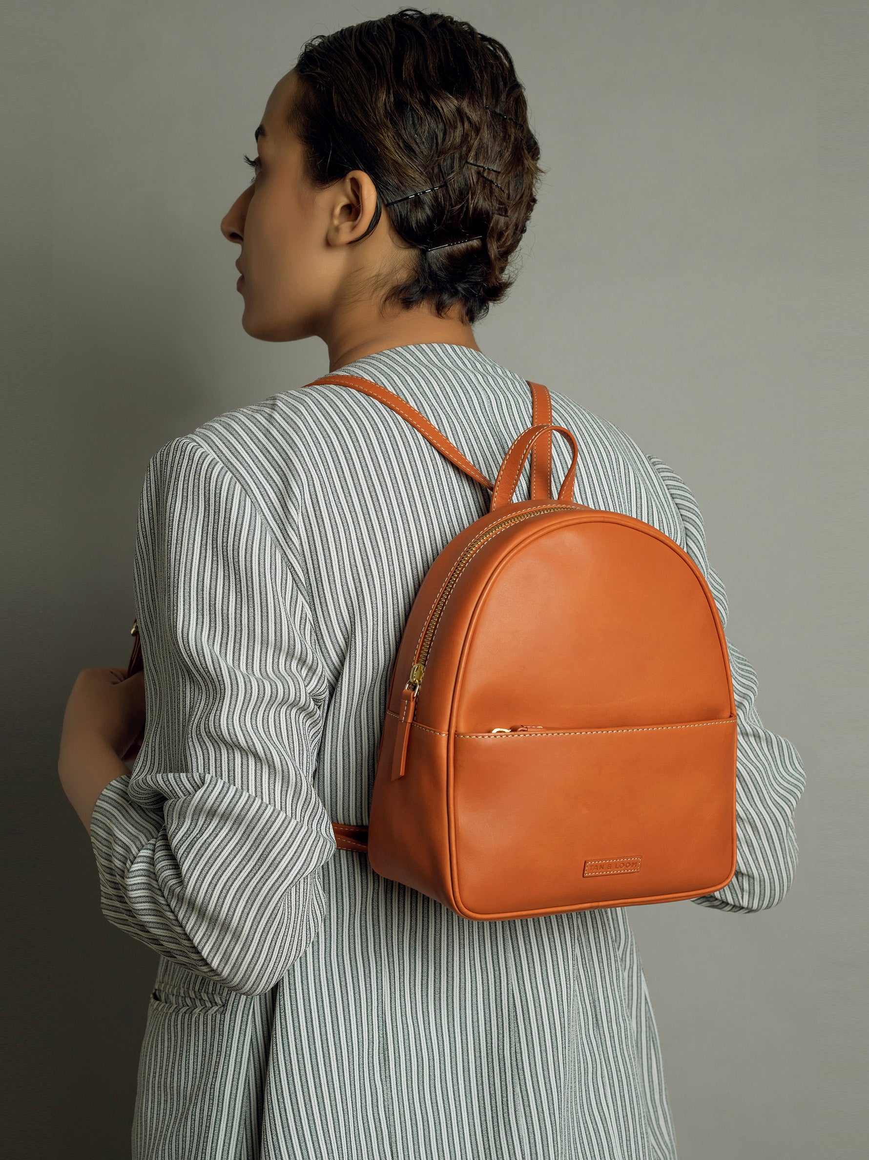 Handcrafted Genuine Vegetable Tanned Leather Backpack for women Tan Colour Tan & Loom