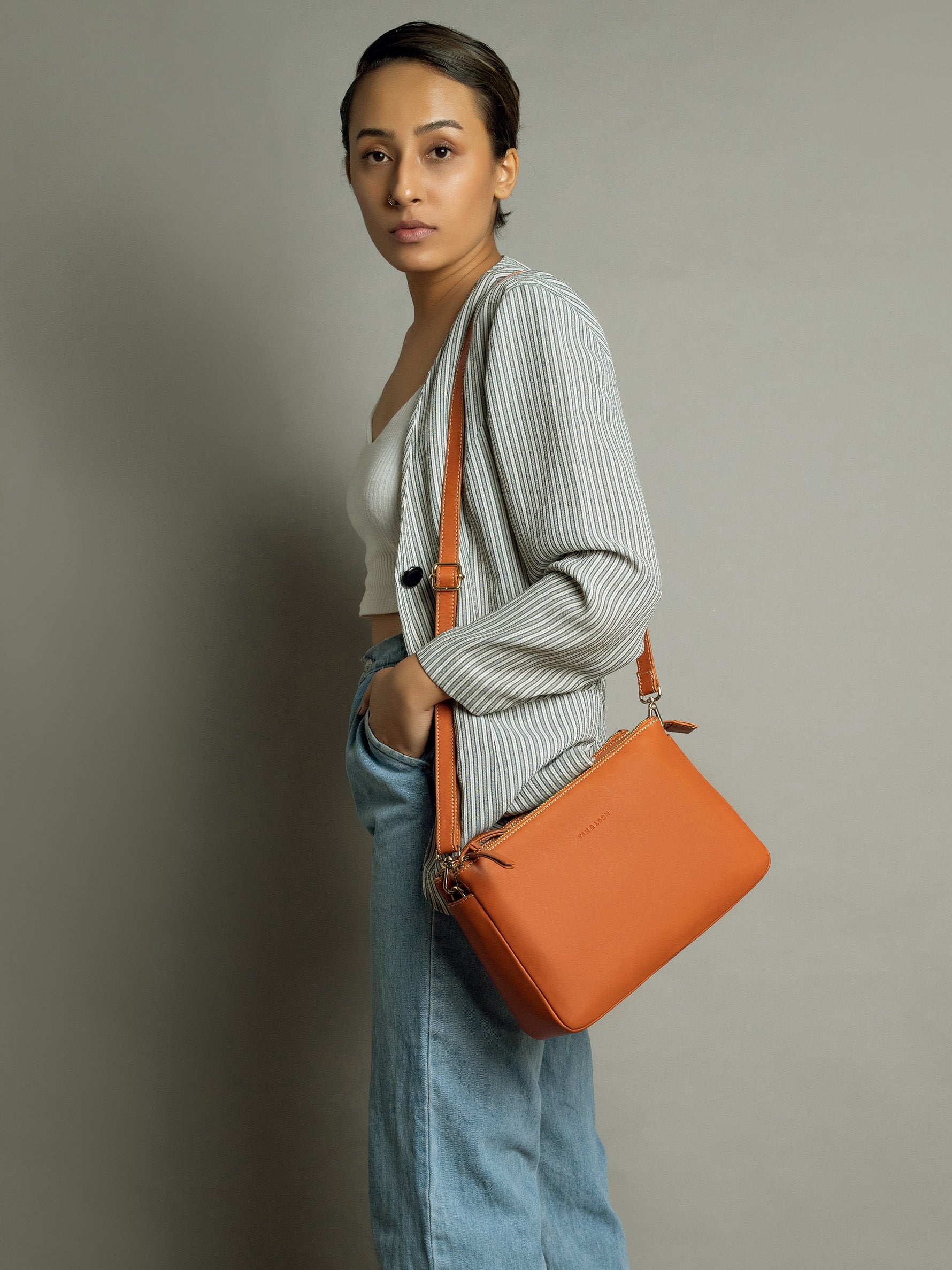 Handcrafted Genuine Vegetable Tanned Leather Sling Bag For Women Tan Colour Tan & Loom