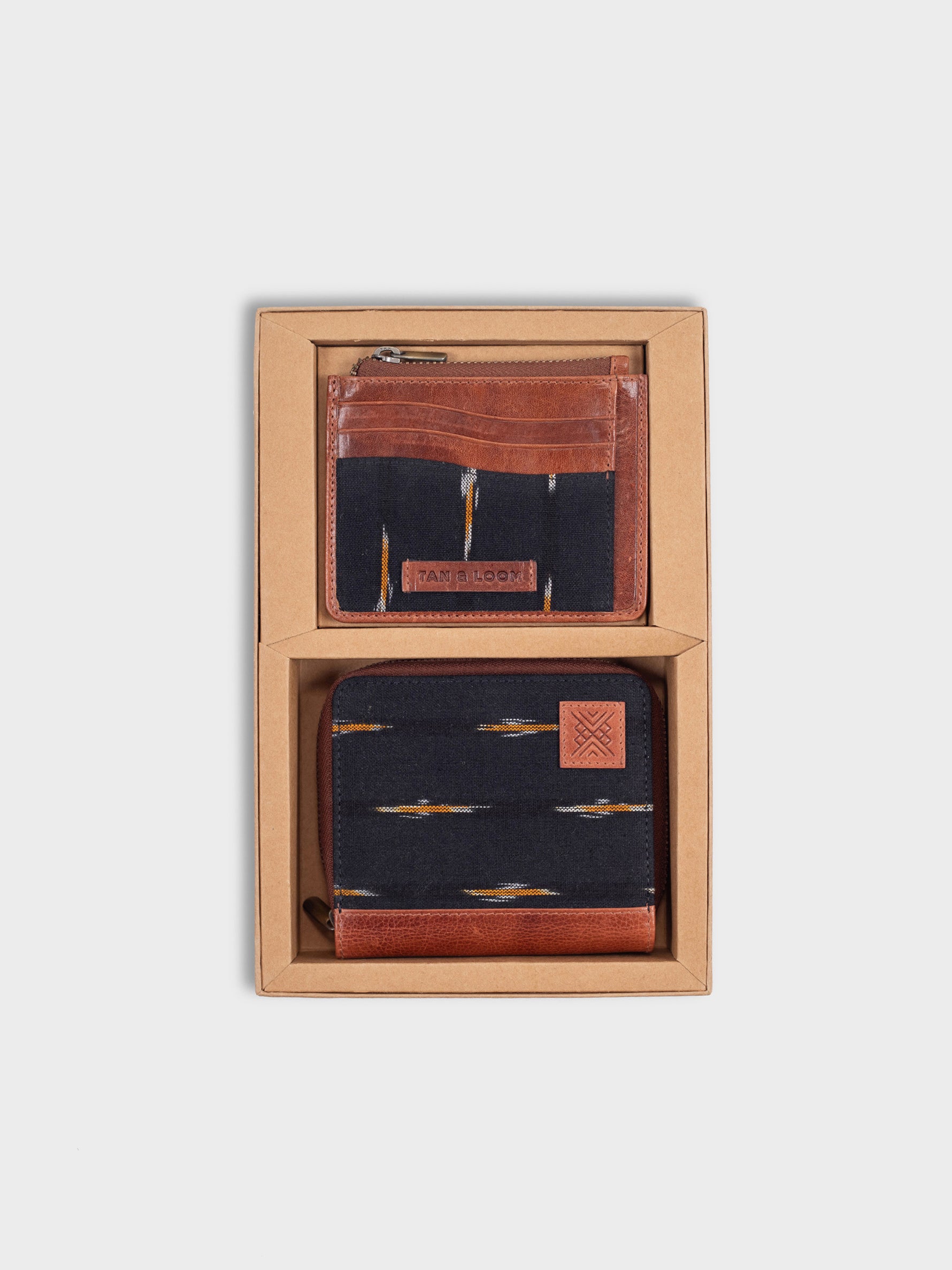 Handcrafted Premium Genuine Vegetable Tanned Leather & Ikat Black & Yellow The Mini Wallet Gift Set Including Card Holder for Women Tan & Loom