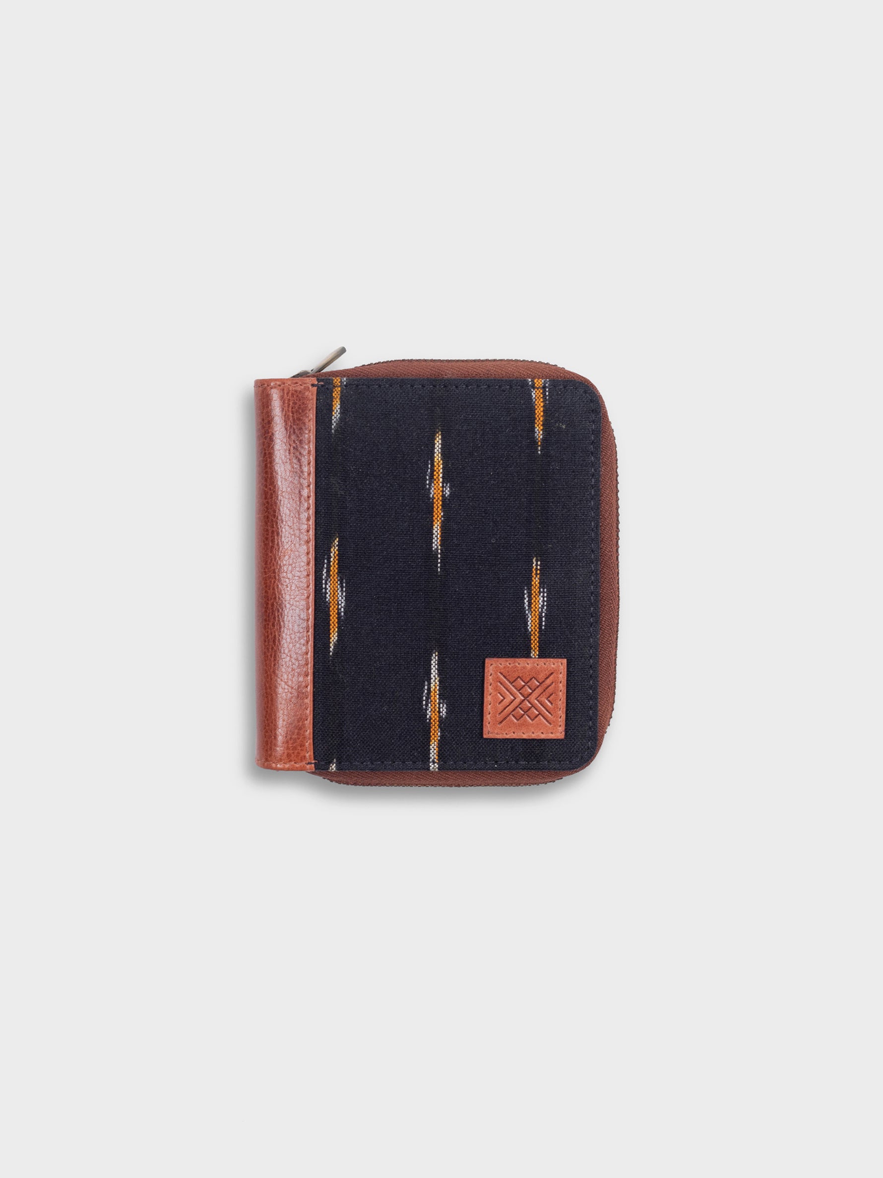 Handcrafted Premium Genuine Vegetable Tanned Leather & Ikat Black & Yellow Mini Wallet for Women Tan & Loom